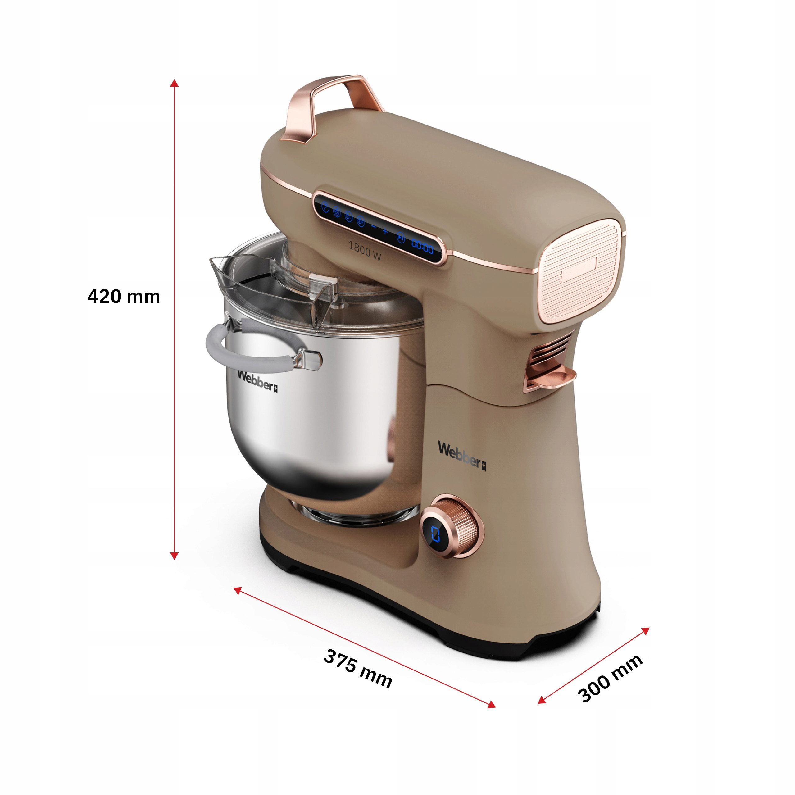 Beżowy mikser planetarny z metalową misą i miedzianymi akcentami.