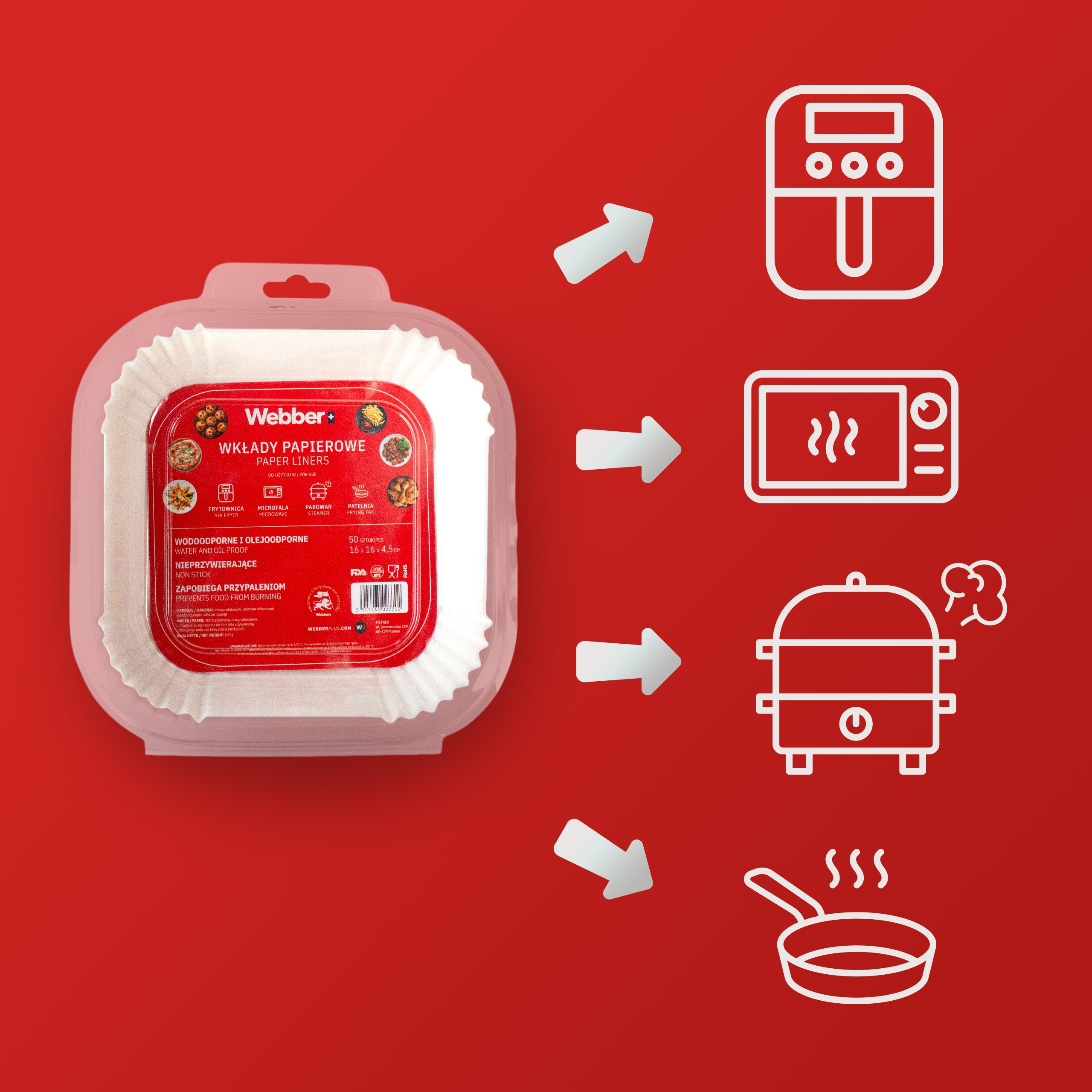Białe papierowe wkładki do frytkownicy, mikrofalówki, parowaru i patelni.