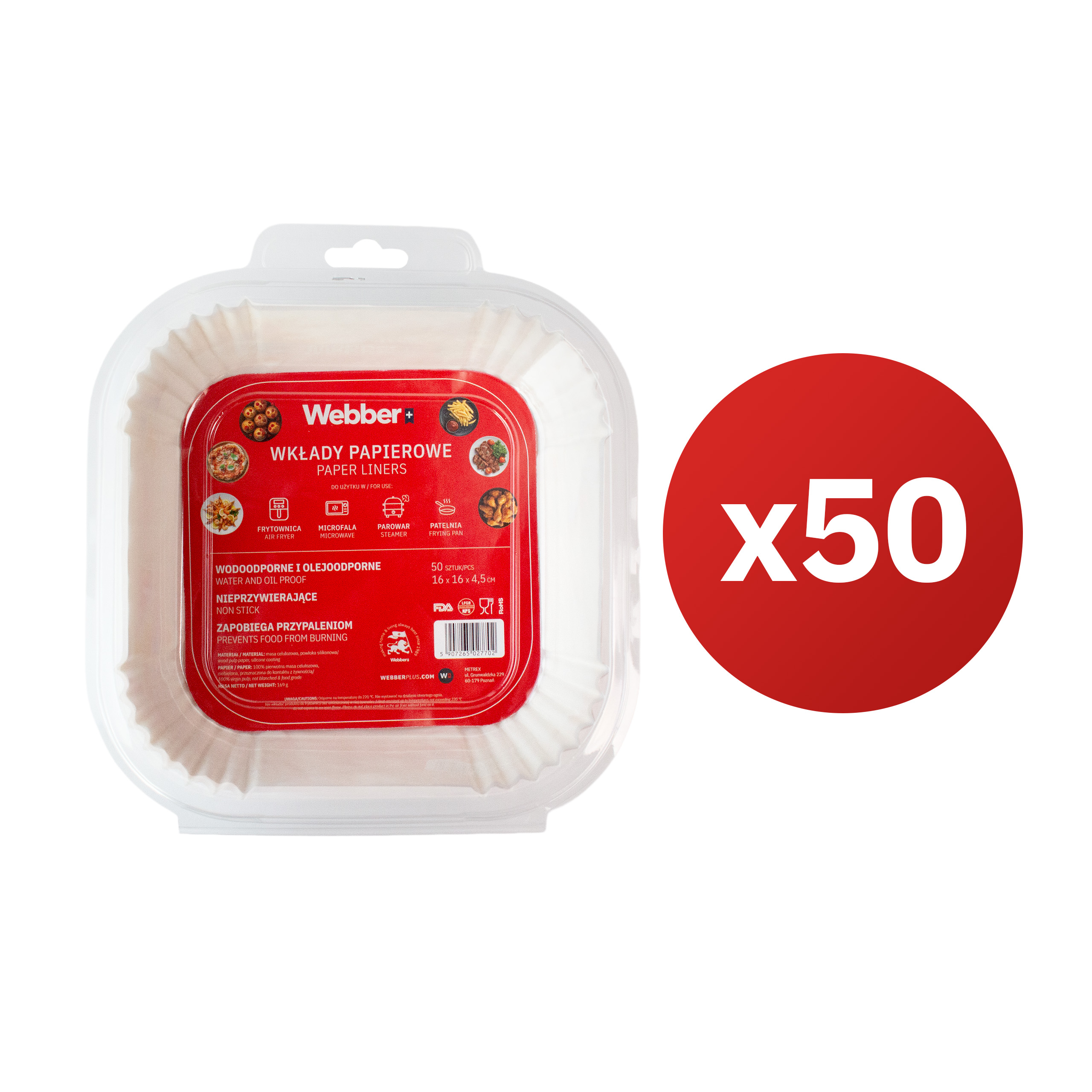 Przezroczyste plastikowe opakowanie 50 kwadratowych wkładek papierowych do frytownic powietrznych i mikrofalówek, z czerwonym kółkiem