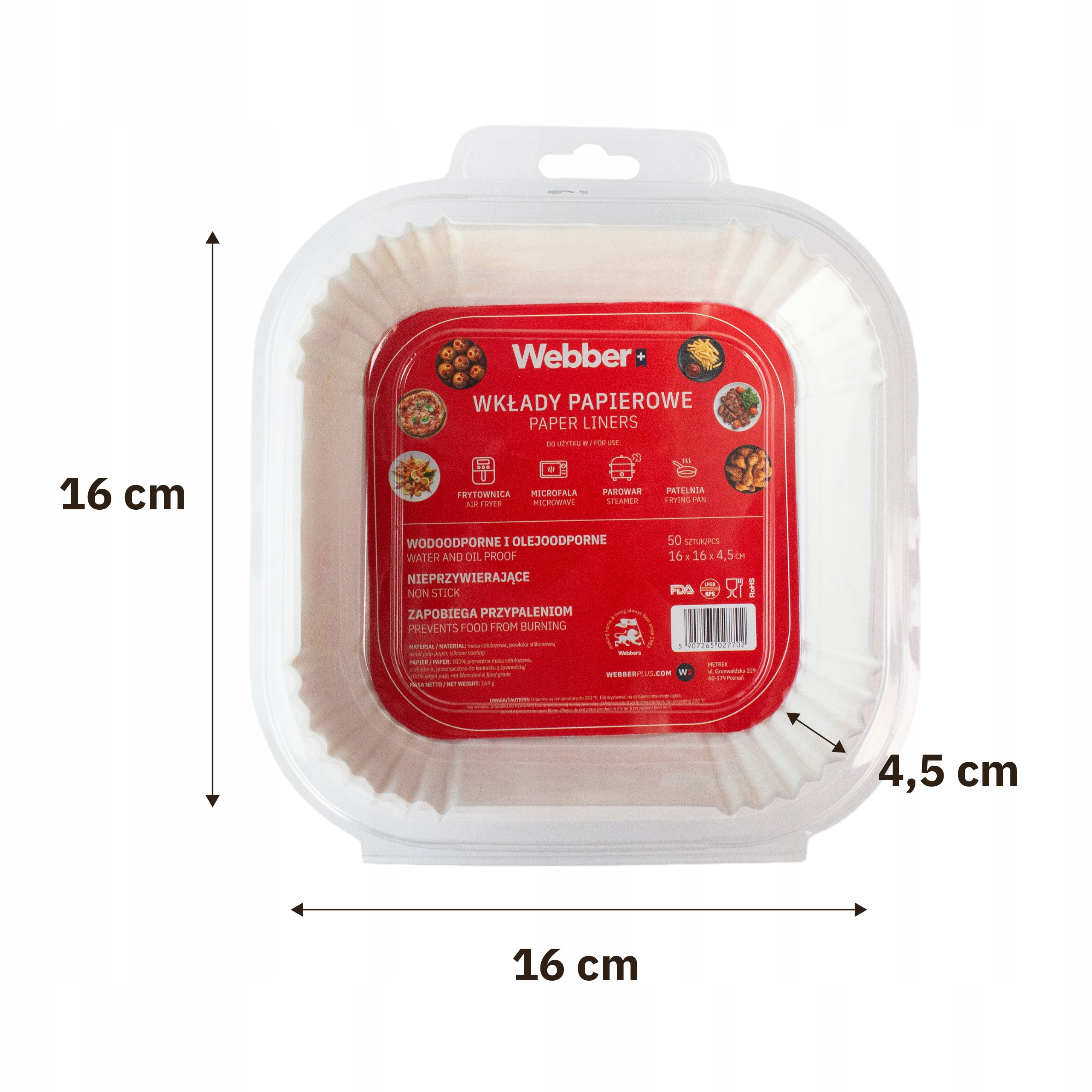 Białe papierowe wkłady do frytkownicy, mikrofalówki, parowaru, patelni. 16x16x4,5cm.
