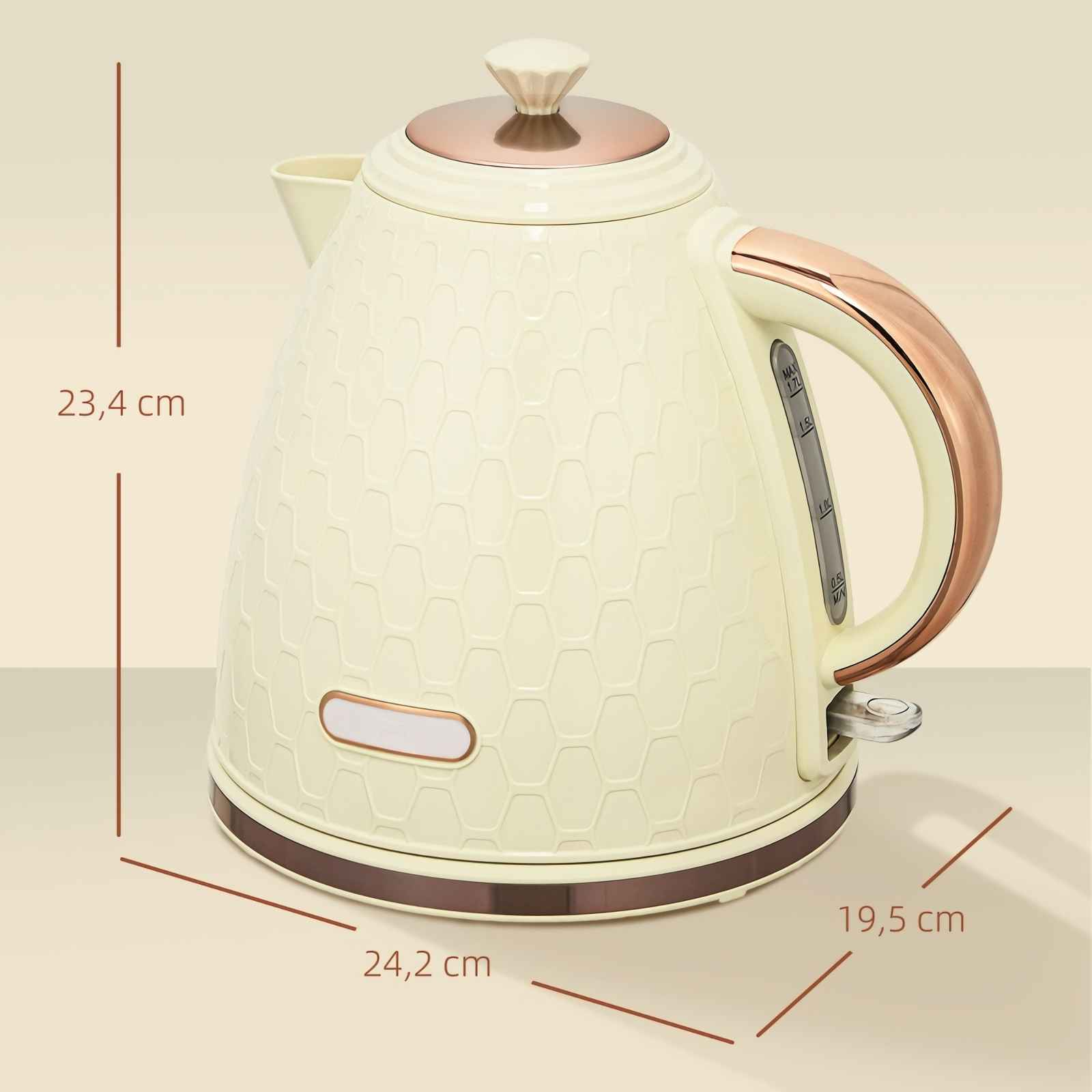 Ein cremefarbener Wasserkocher mit Wabenmuster und Roségold-Akzenten, Maße: 23,4 cm (H), 24,2 cm (B), 19,5 cm (T).