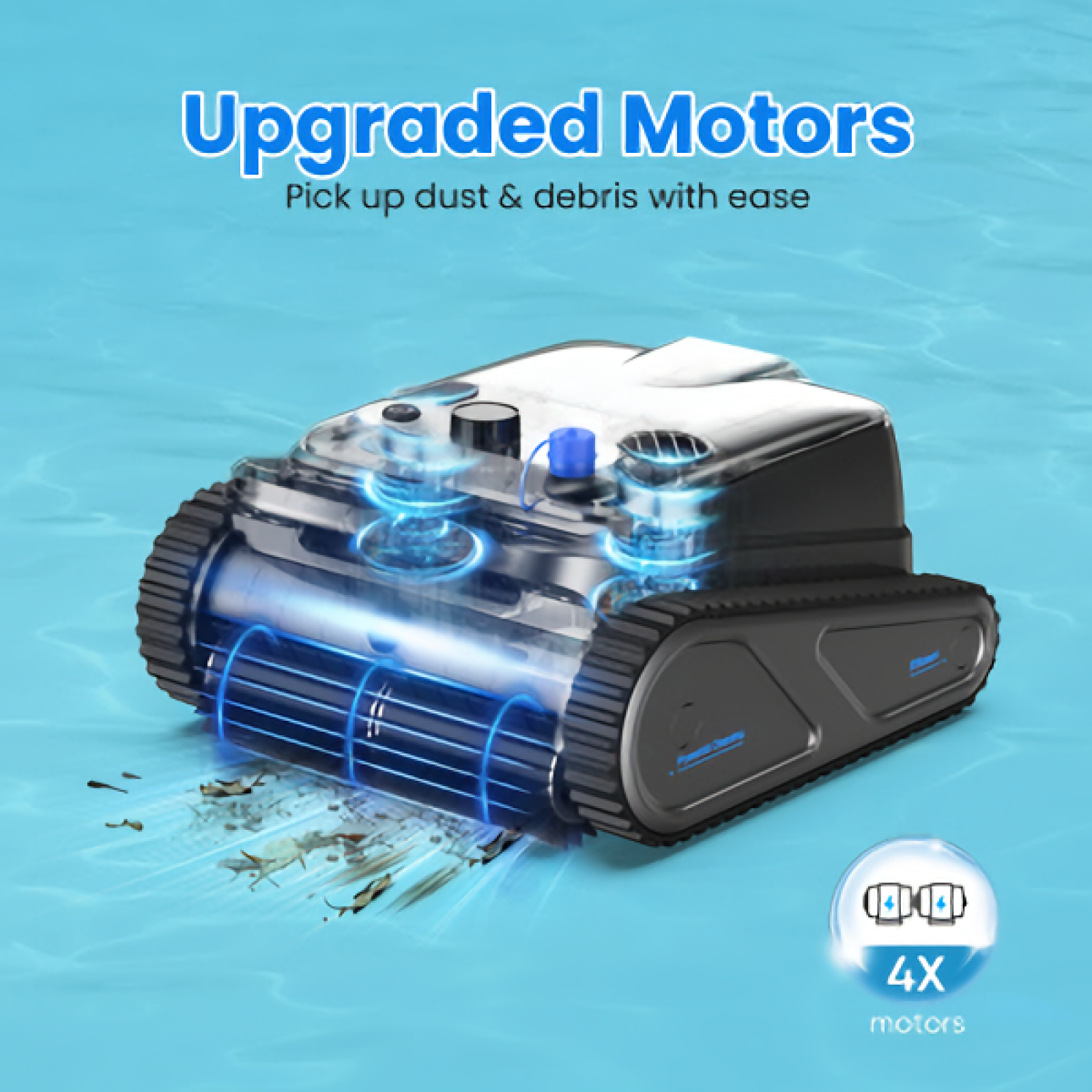 Ein Poolroboter saugt Schmutz und Ablagerungen aus blauem Wasser.