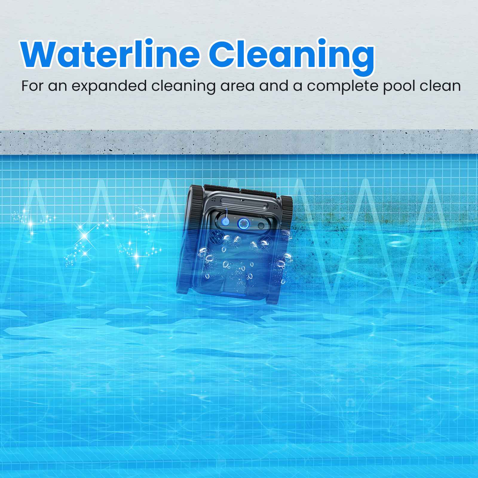 Ein Poolreiniger mit Rädern im blauen Wasser des Pools.
