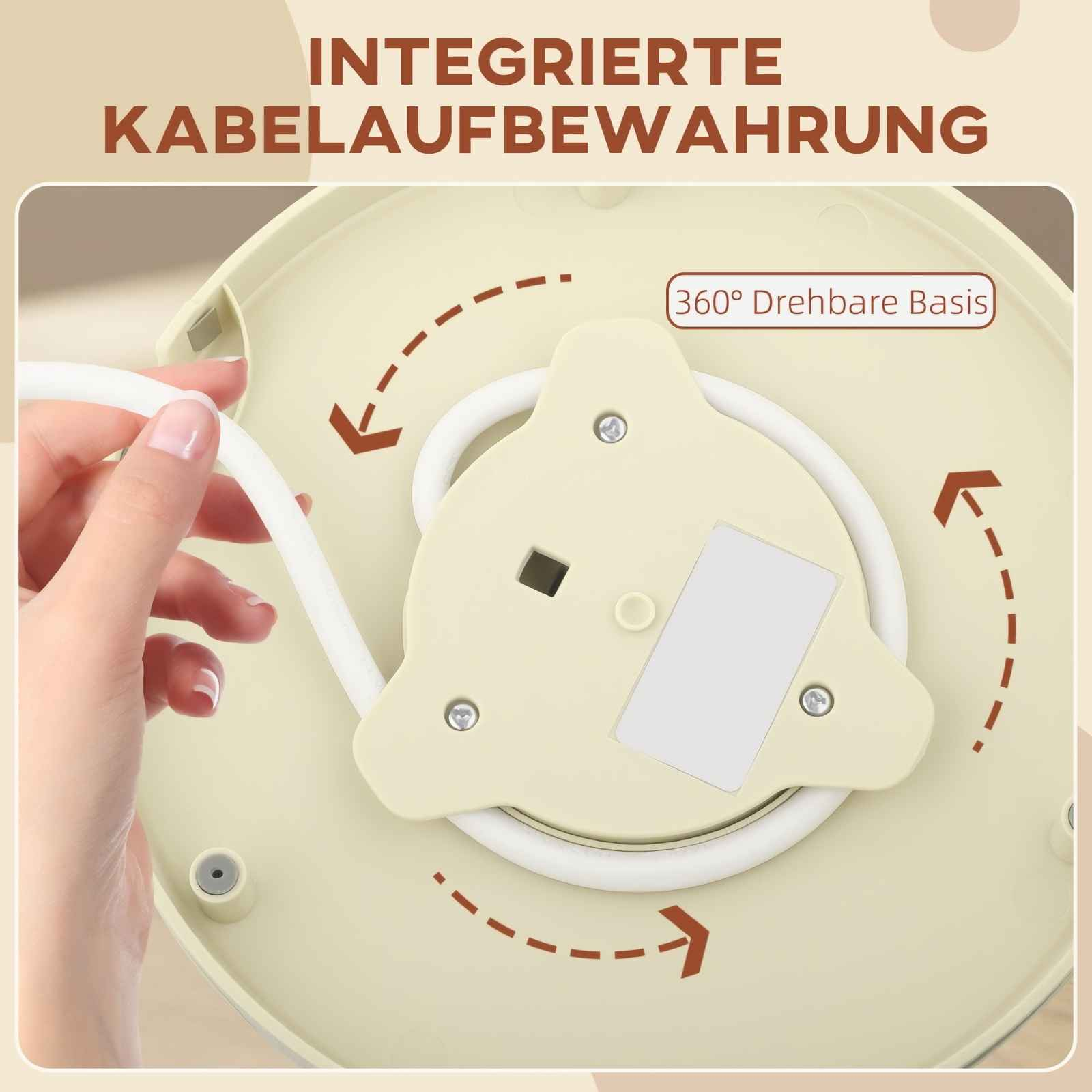 Eine Hand wickelt ein weißes Kabel um eine beige Basis mit Pfeilen, die die Drehung anzeigen.