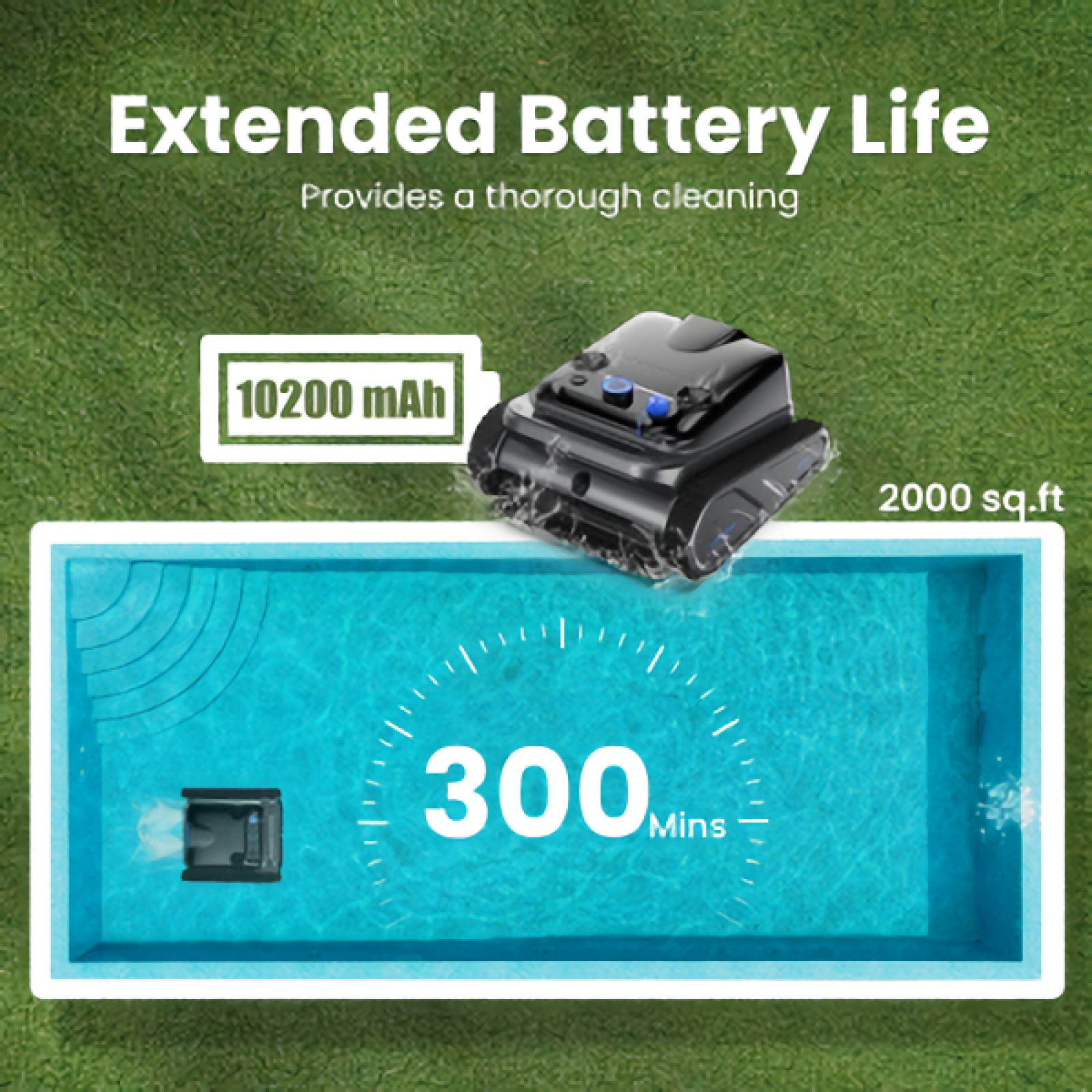 Ein schwarzer Poolreiniger mit 10200 mAh Akku reinigt 2000 sq.ft. in 300 Minuten.
