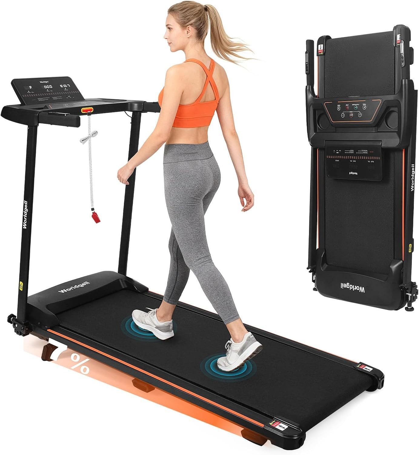 Una donna corre su un tapis roulant, con un tapis roulant piegato accanto.