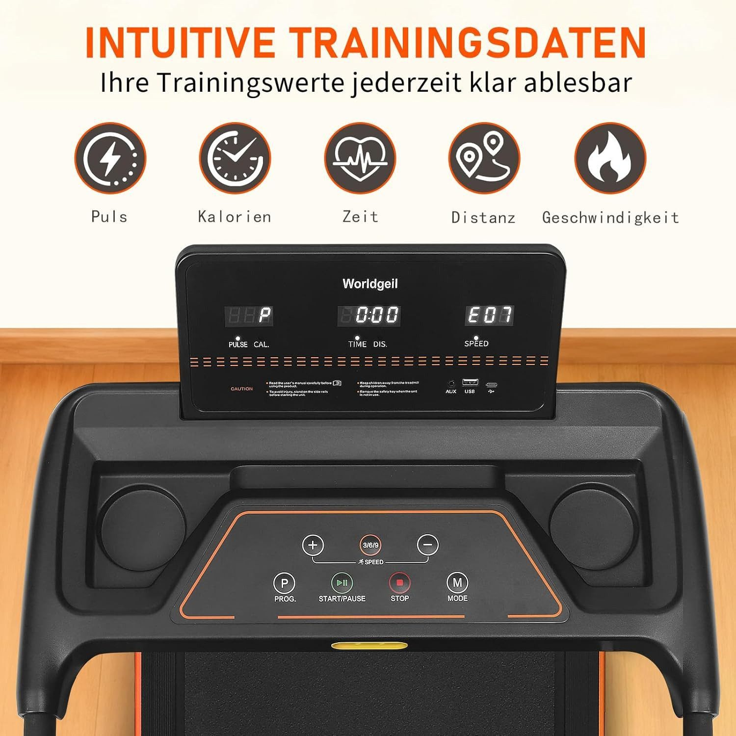 Console del tapis roulant che mostra icone e display di polso, calorie, tempo, distanza e velocità.