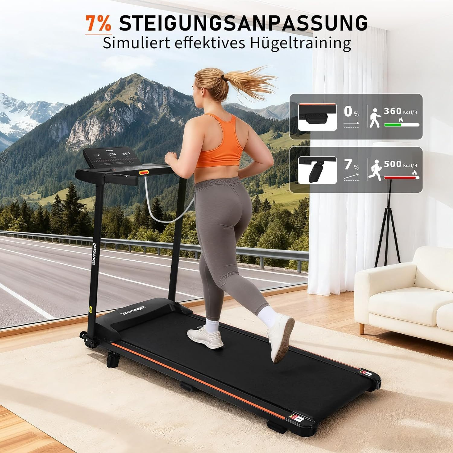 Donna corre su tapis roulant con 7% di pendenza; display mostra più calorie bruciate.