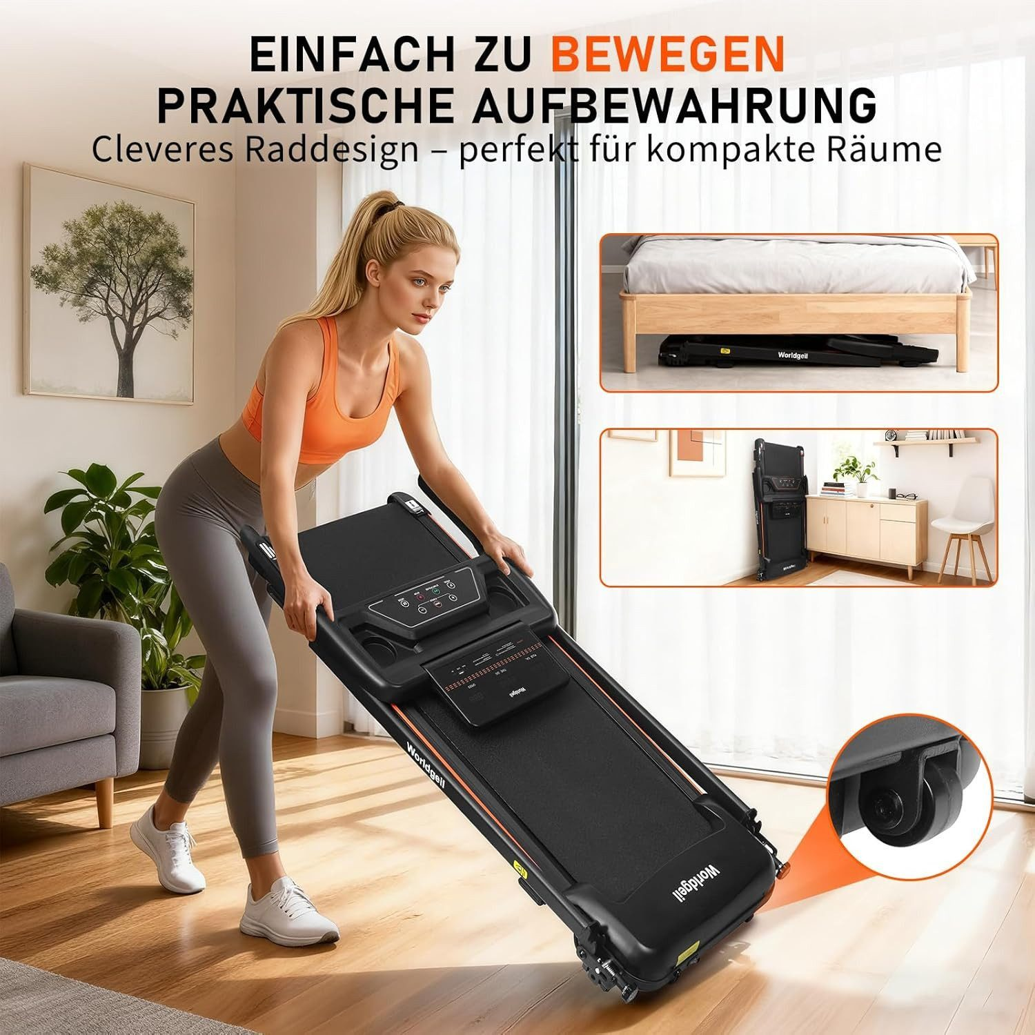 Donna spinge tapis roulant pieghevole, ideale per spazi.