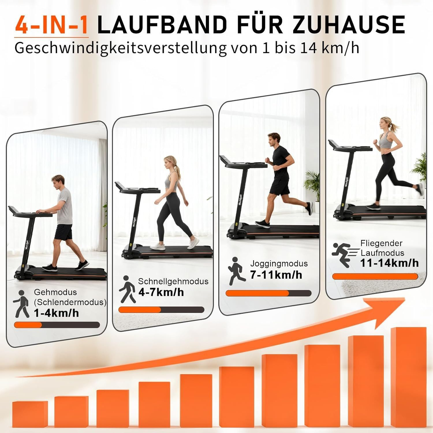 Quattro modalità di tapis roulant per la casa: camminata, camminata veloce, jogging, corsa.