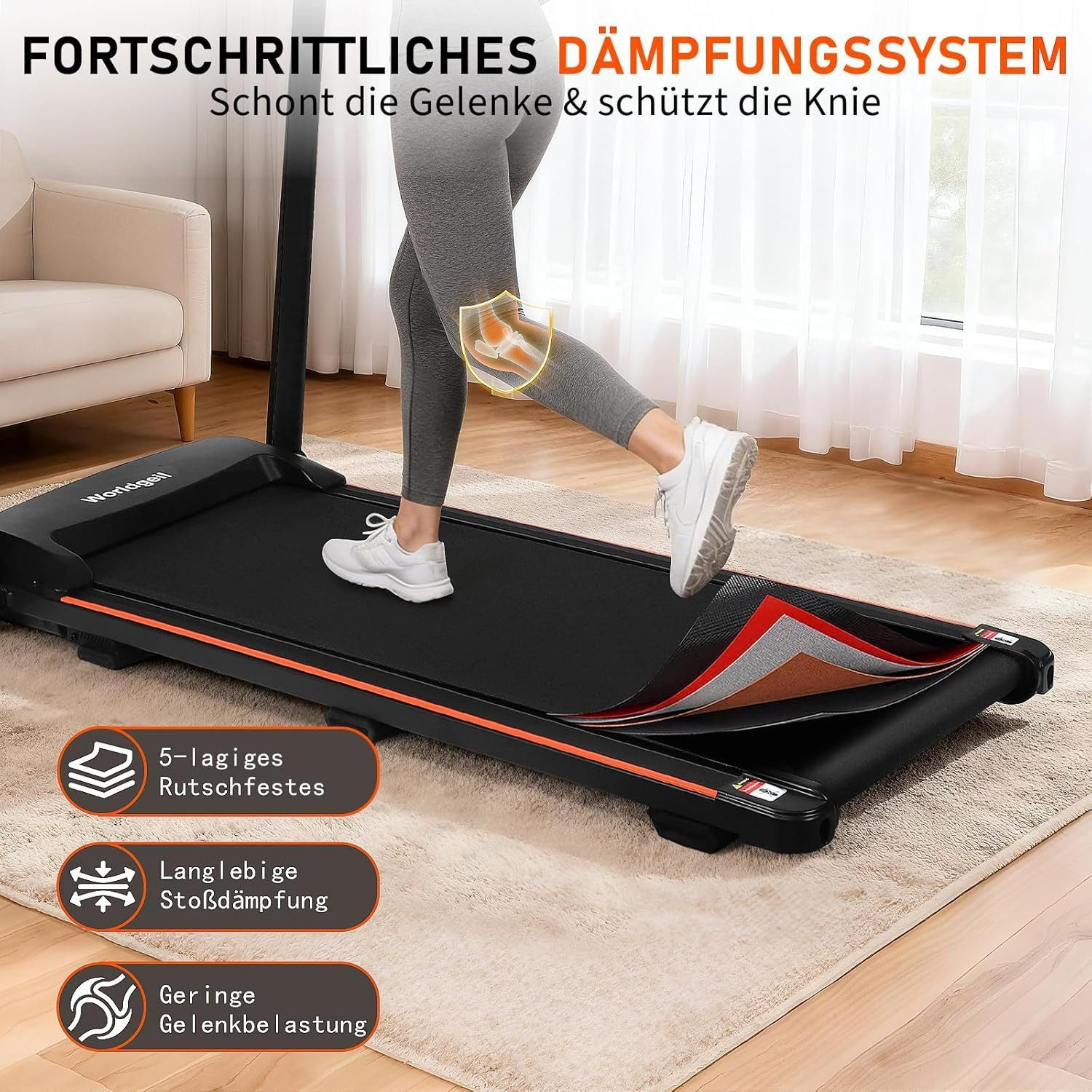 Un tapis roulant con una persona che corre, che mostra il sistema di ammortizzazione.