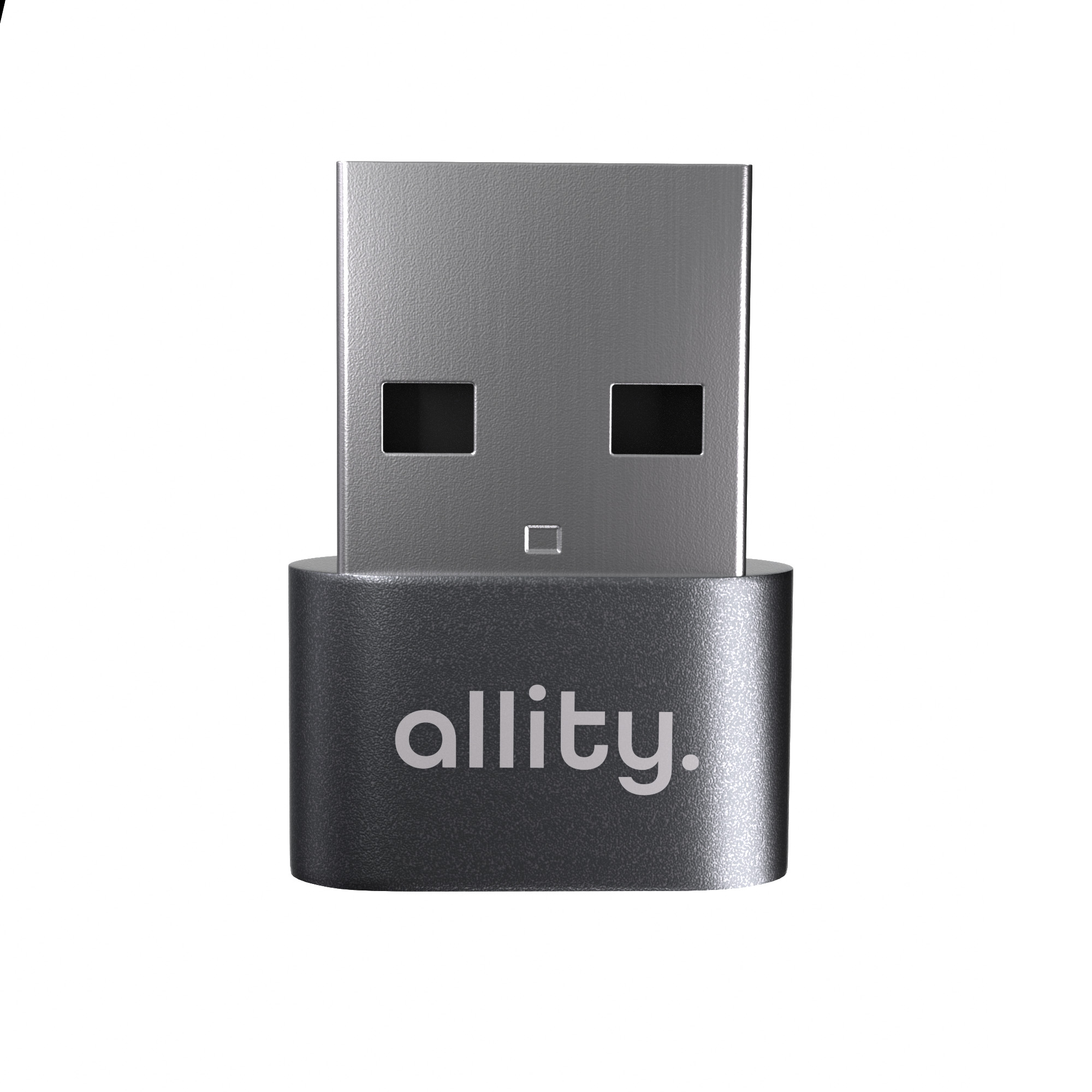 Szary pendrive z logo „allity.” na obudowie.