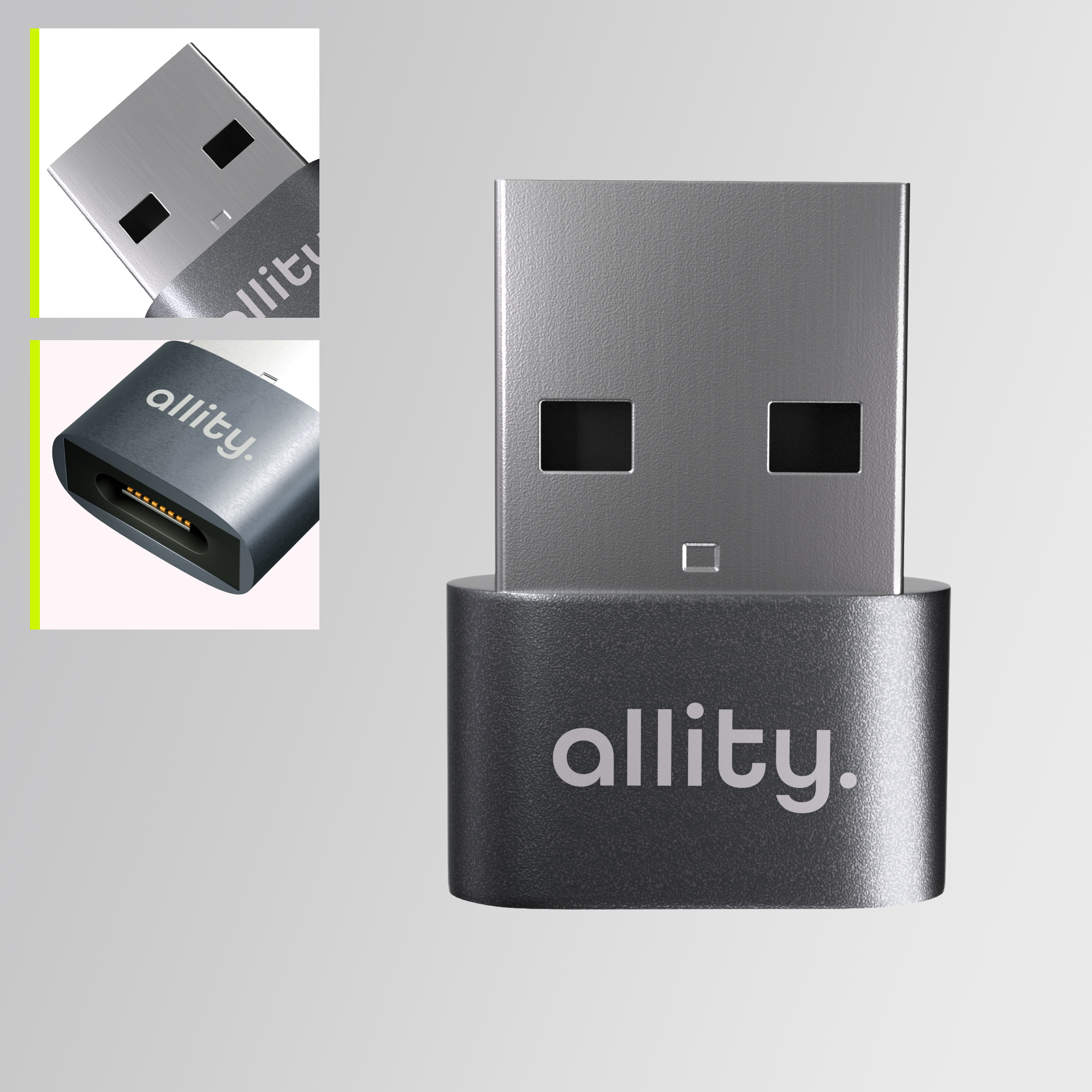 Szary adapter USB-C z logo 'allity.' i złączem USB-A.
