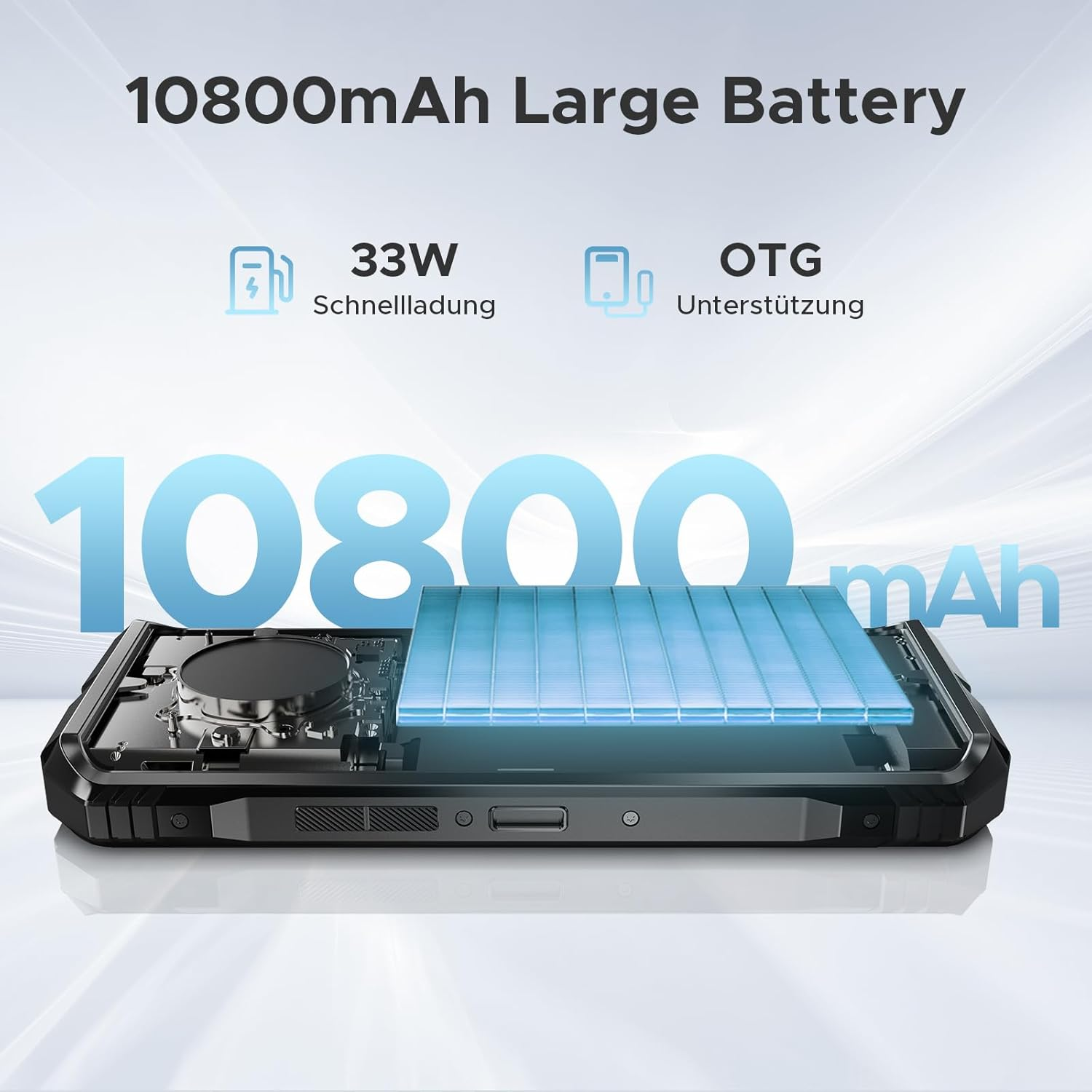 Smartphone mit 10800mAh Akku, 33W Schnellladung und OTG-Unterstützung.