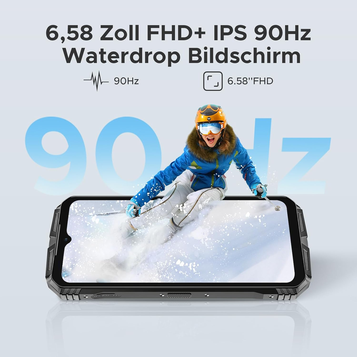 Ein Smartphone mit einem 6,58-Zoll-Bildschirm zeigt einen Skifahrer, der im Schnee fährt.