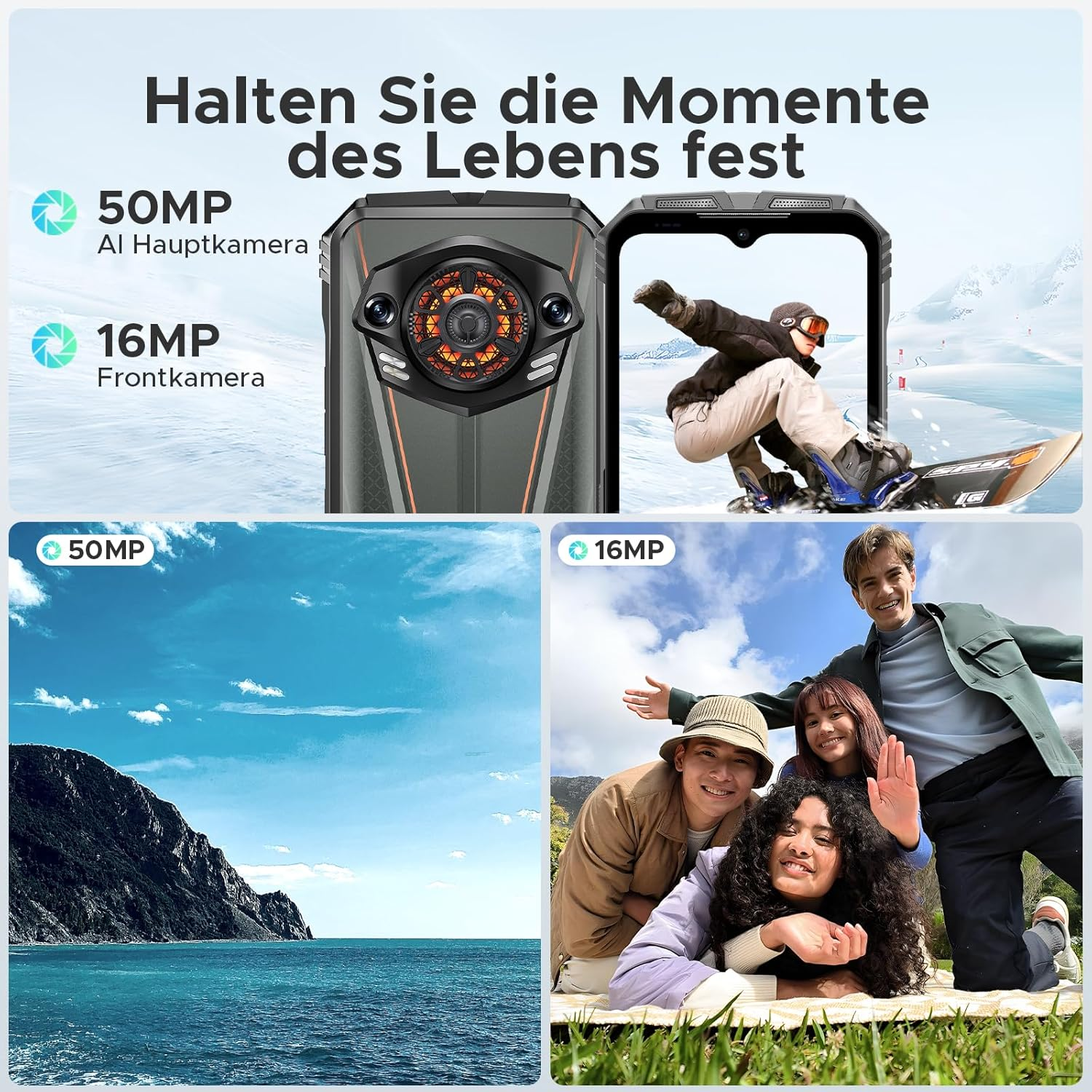 Ein Smartphone mit 50MP Hauptkamera und 16MP Frontkamera.