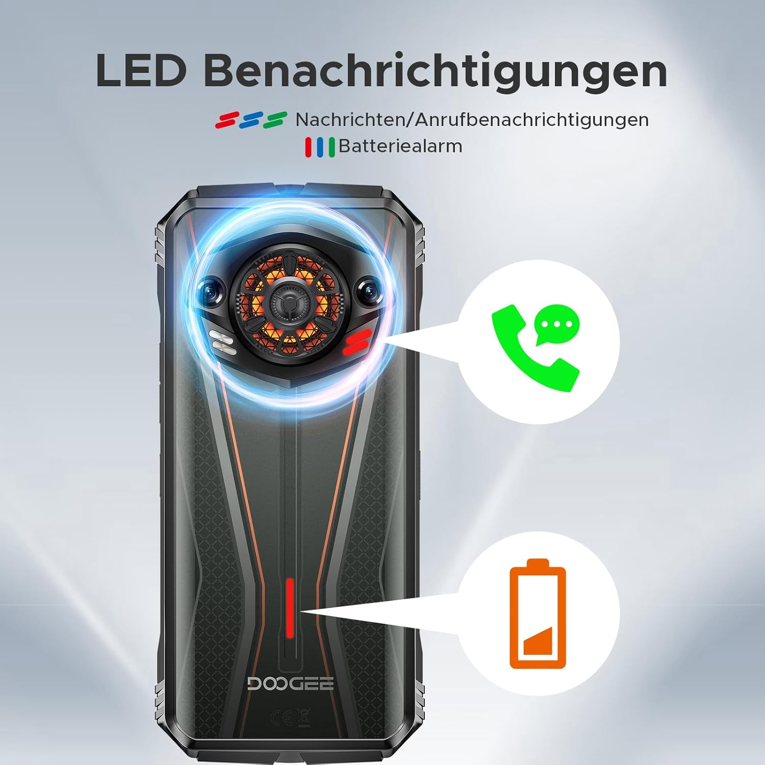 Ein robustes Smartphone mit LED-Benachrichtigungen für Anrufe und Batterie.