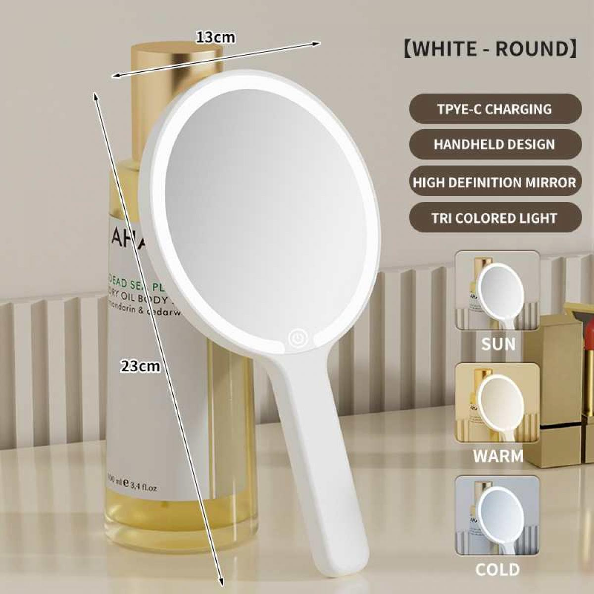 Weißer runder Handspiegel mit LED-Licht, neben einer Körperölflasche.