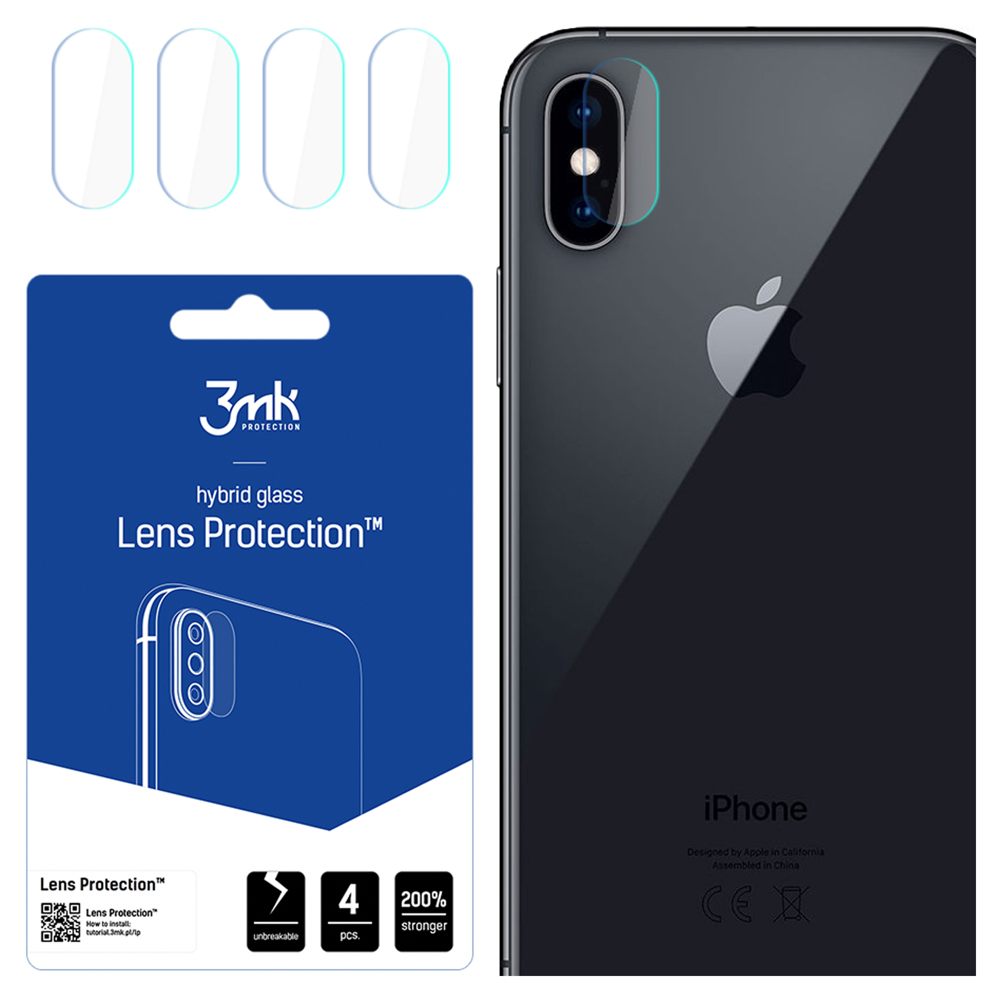 Retro di iPhone con confezione protettiva per lente e quattro copriobiettivi.
