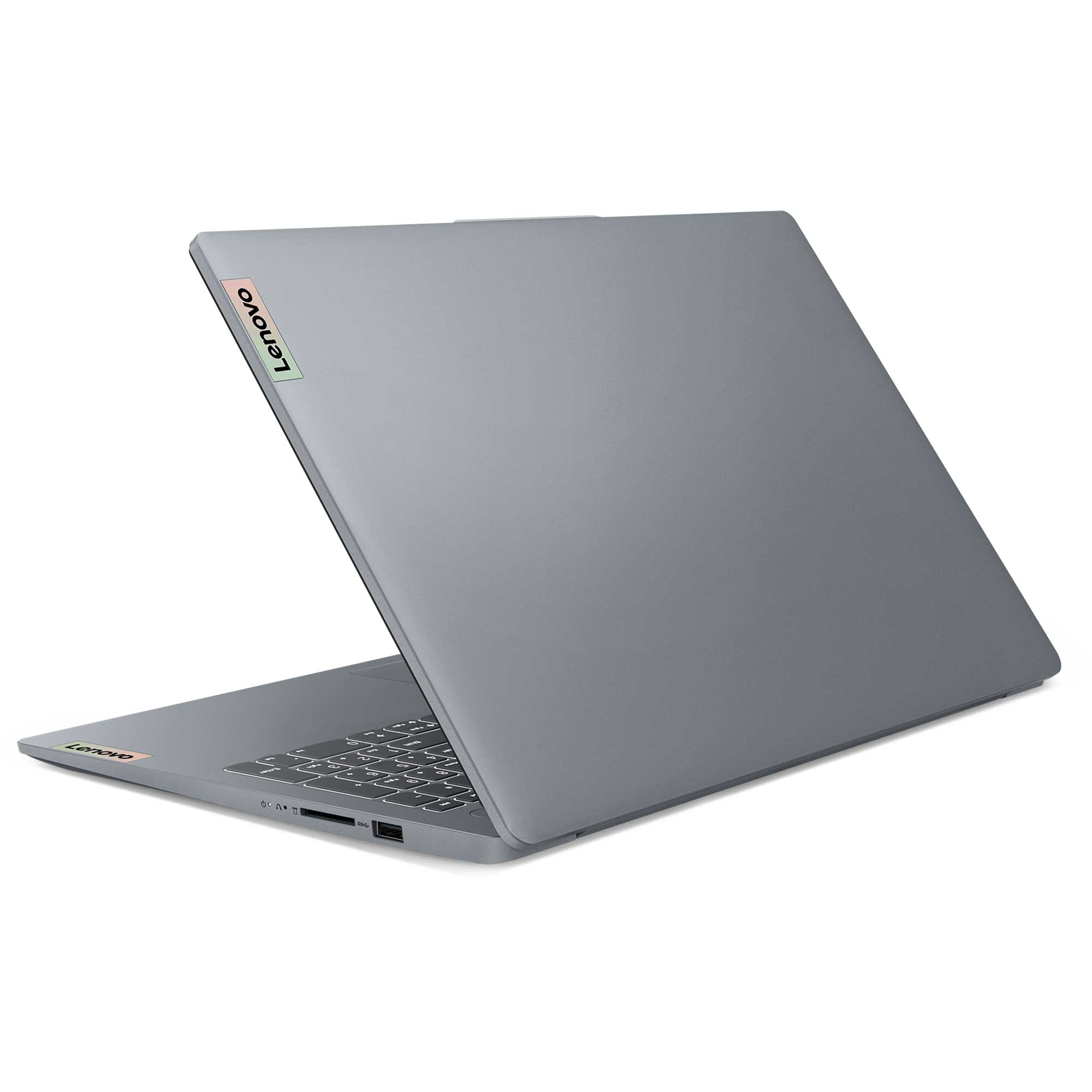 Kapalı, gri Lenovo dizüstü bilgisayar, kapağında logosu bulunur.