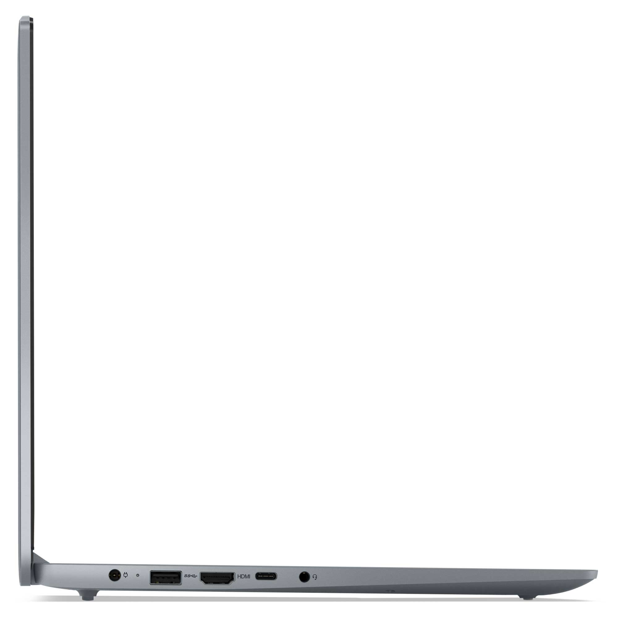 Gri laptop profili, bağlantı noktaları: USB, HDMI, USB-C, kulaklık.