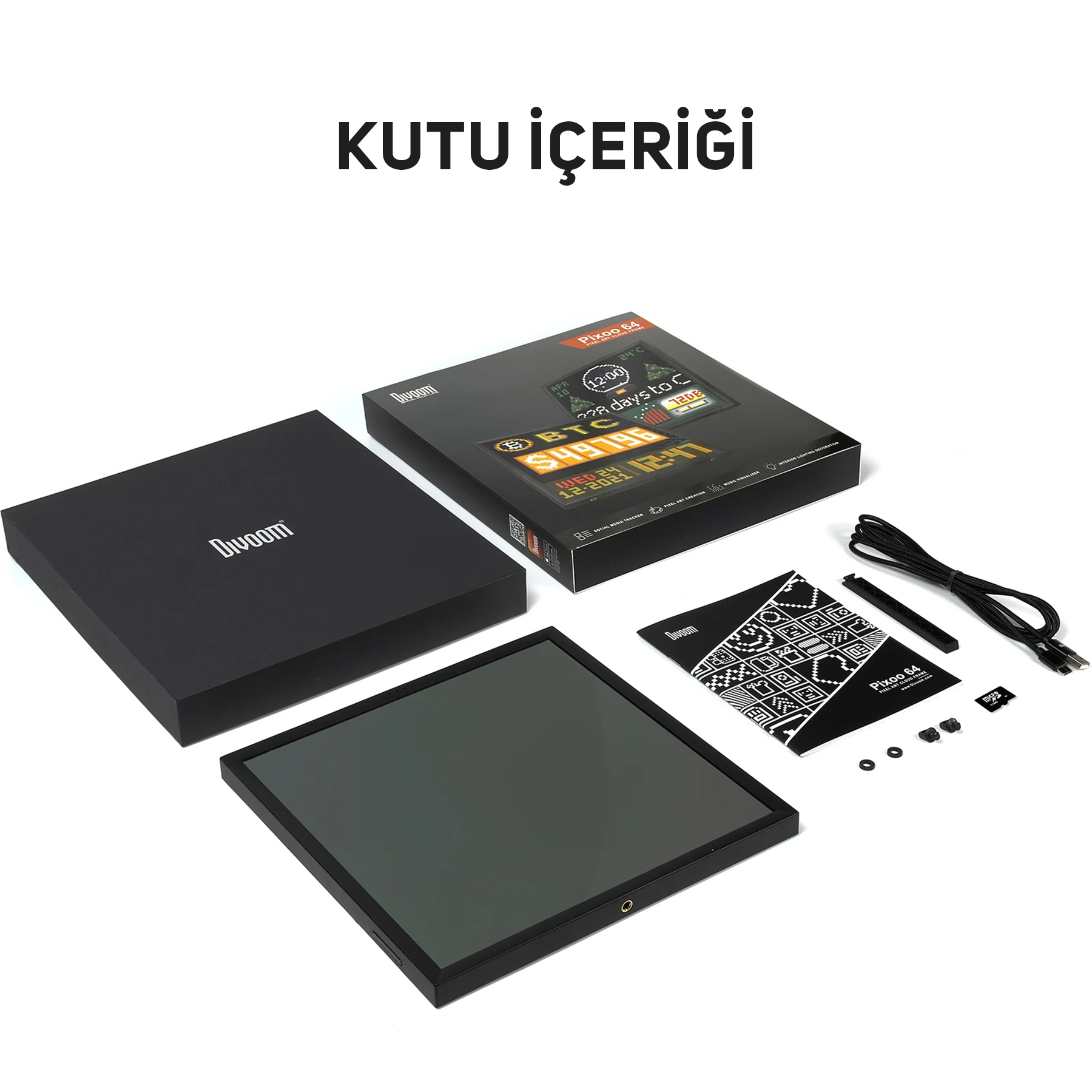 Beyaz zeminde siyah kutu, ekran, kılavuz ve aksesuarlar yer almaktadır.