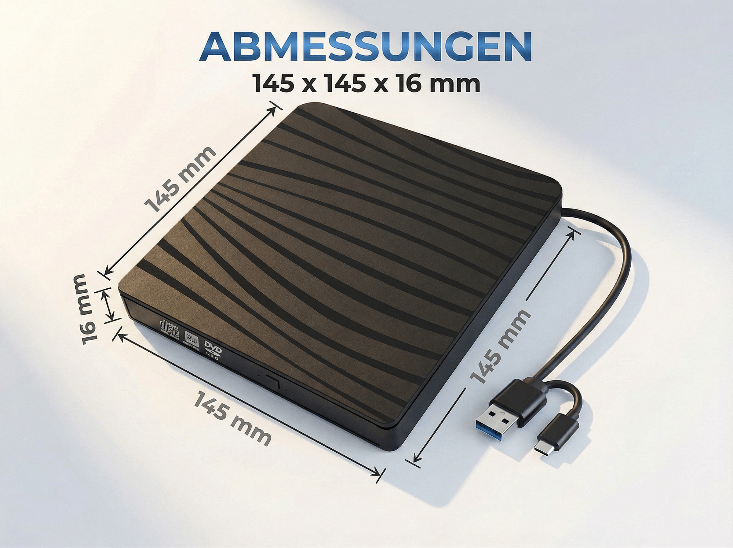 Schwarzes externes CD/DVD-Laufwerk mit USB-C-Kabel, 145x145x16mm.