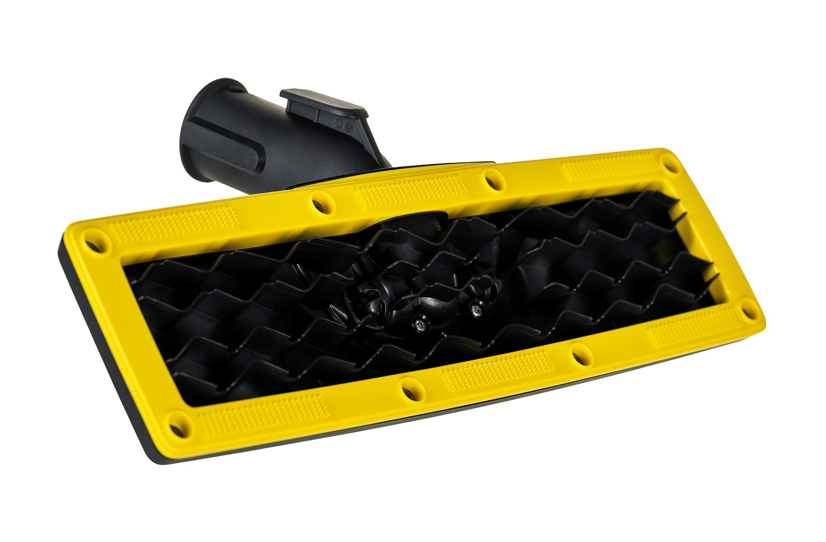 Żółta ramka otacza czarną, falistą powierzchnię z czarnym złączem.