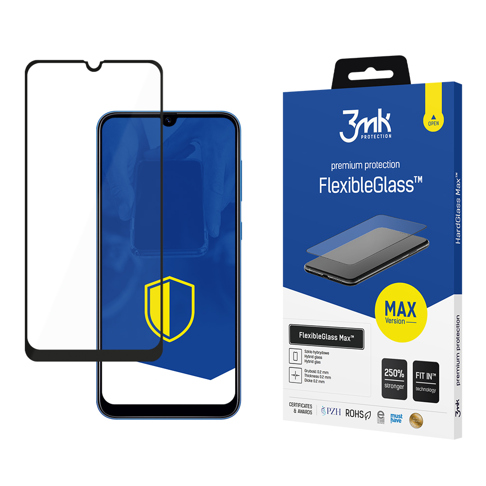 Confezione e pellicola protettiva per smartphone. Confezione blu con immagine prodotto.