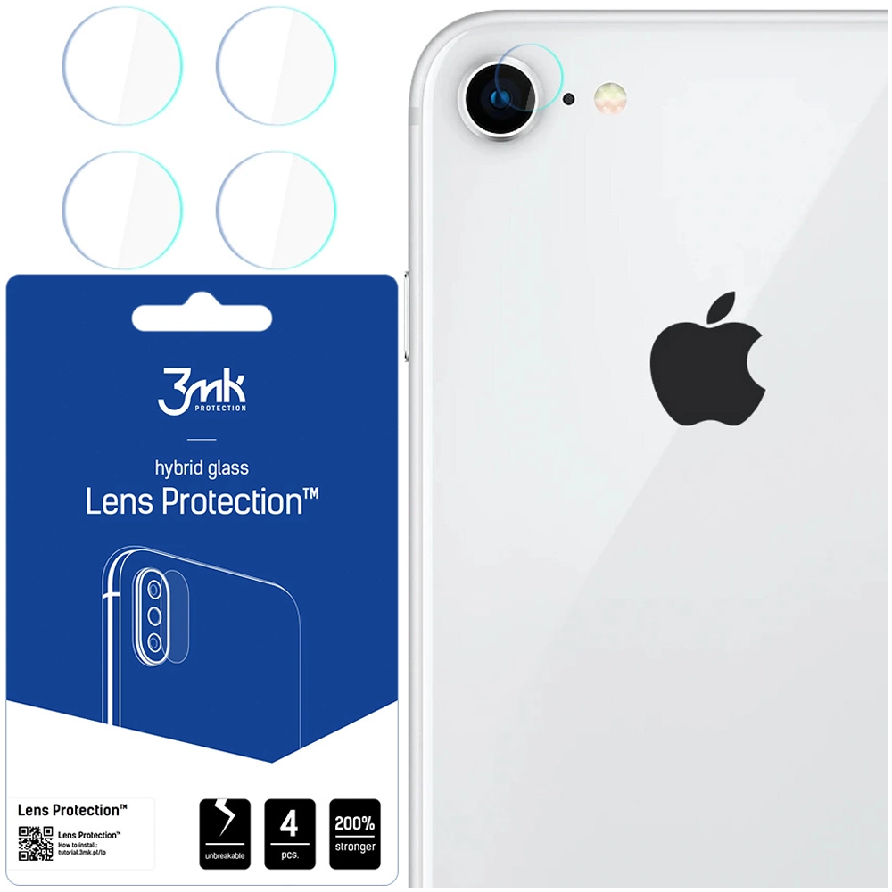 Confezione con quattro proteggi lenti e un iPhone bianco con logo Apple.