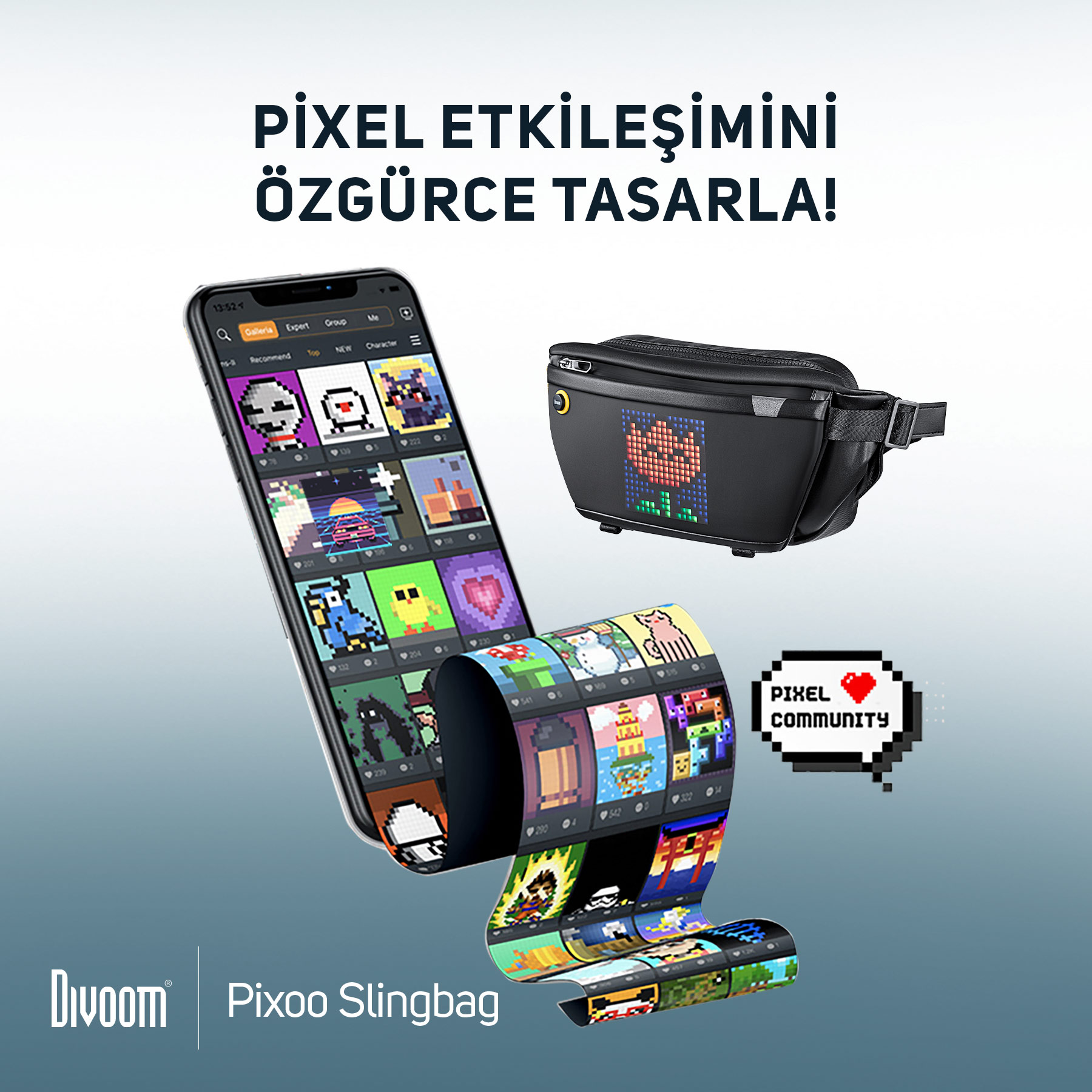 Akıllı telefon piksel sanatını gösteriyor, yanında LED ekranında piksel gül olan siyah çanta var.