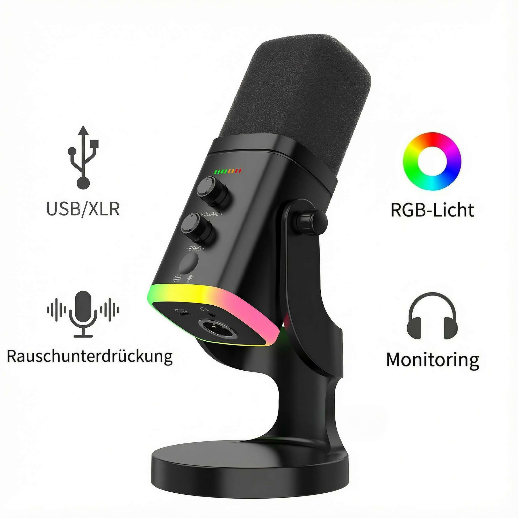 Schwarzes Mikrofon mit RGB-Beleuchtung, Lautstärkeregler und Symbolen für USB/XLR, Rauschunterdrückung und Monitoring.