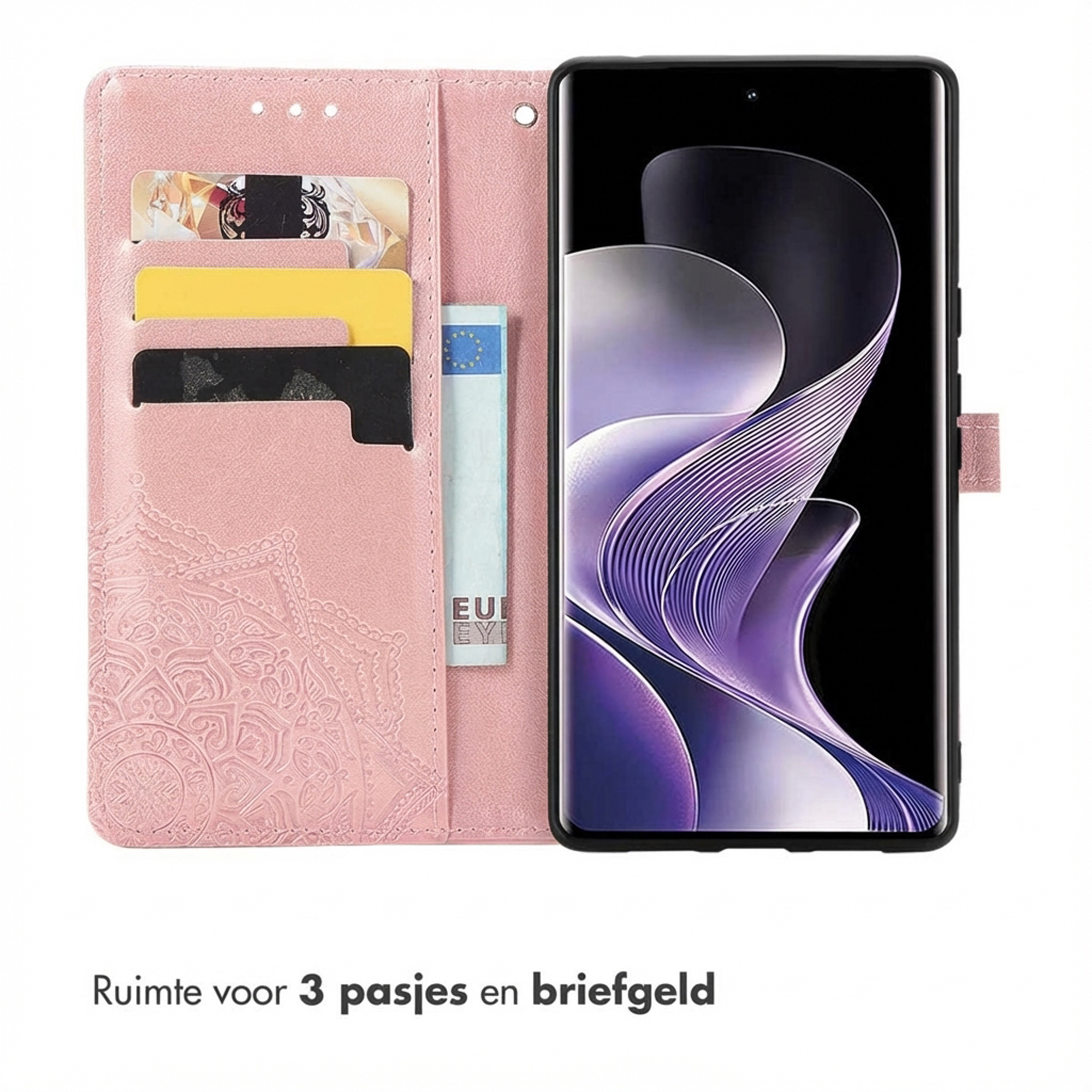Un étui de téléphone rose avec des fentes pour cartes et un smartphone.