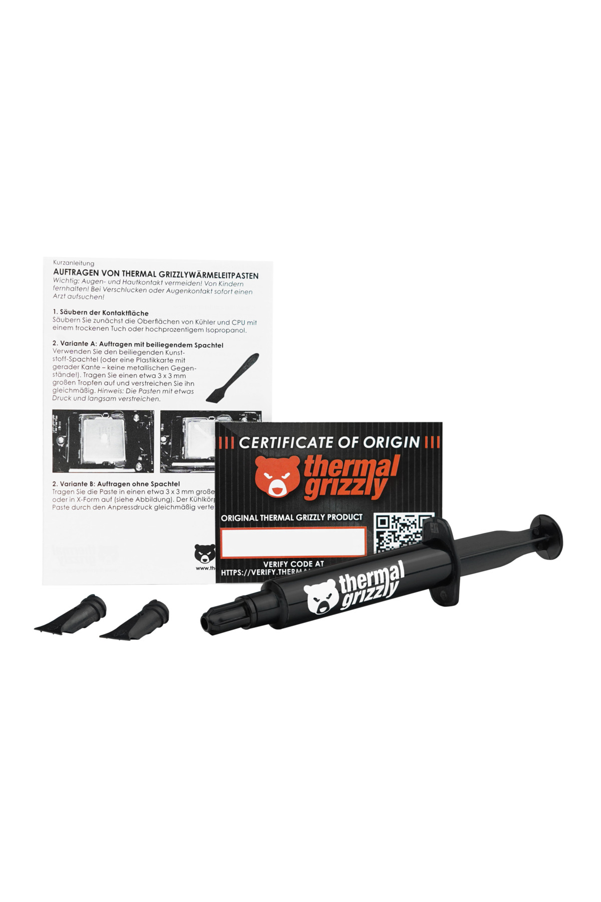 Spatula, sertifika ve şırınga içeren Thermal Grizzly termal macun talimatları.