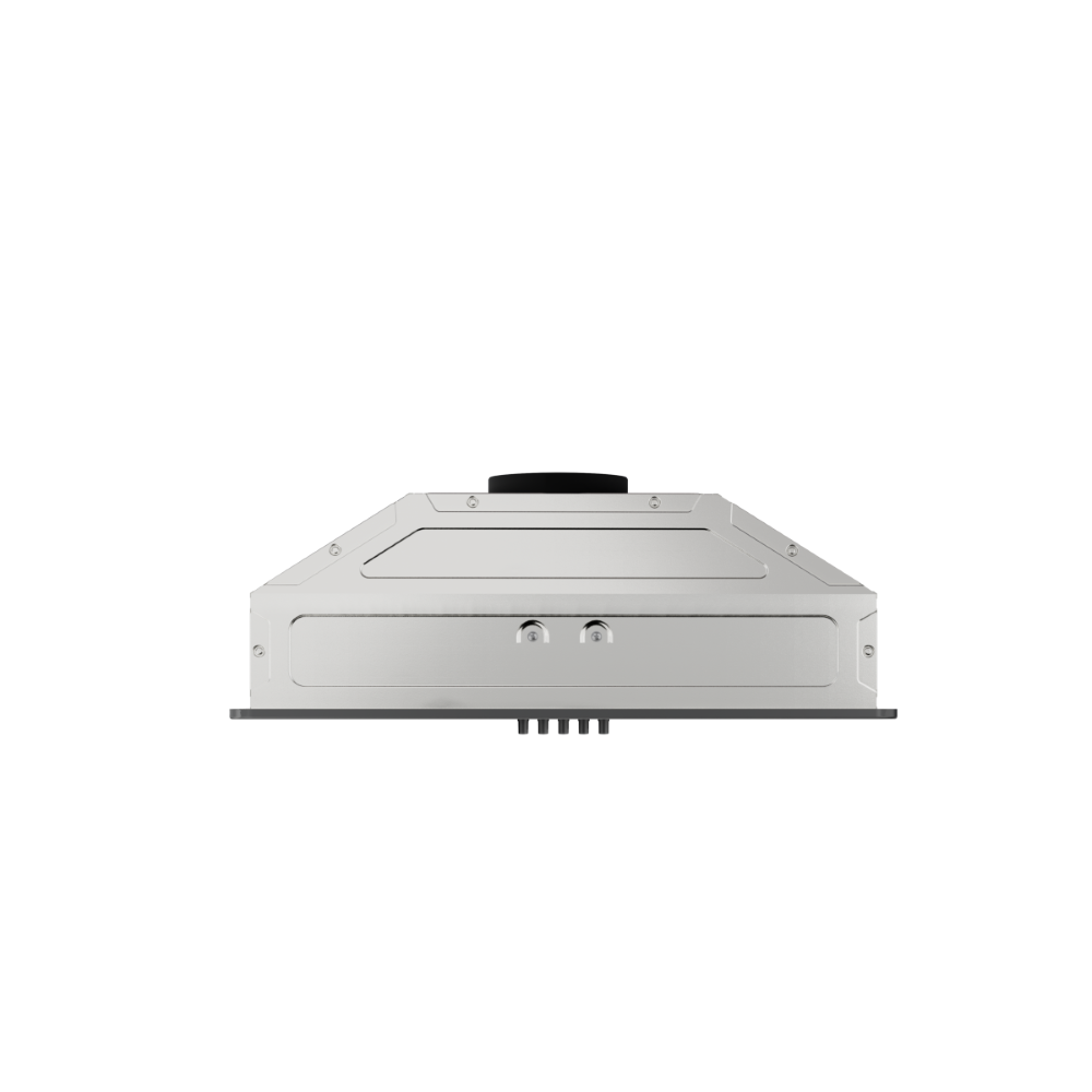 A silver range hood with a black handle and knobs.