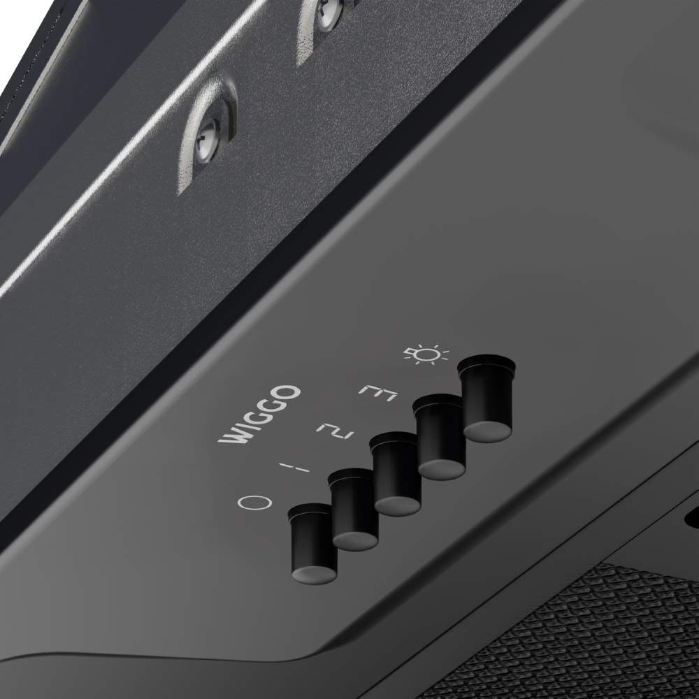 Close-up of a range hood's controls with knobs and a light symbol.