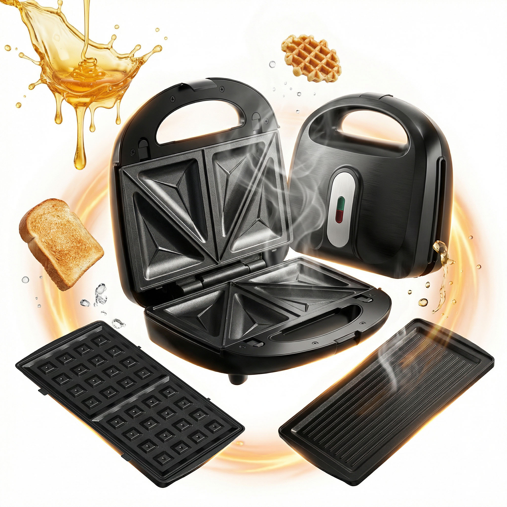 Ein offener Sandwichmaker mit austauschbaren Platten, Toast und Öl.