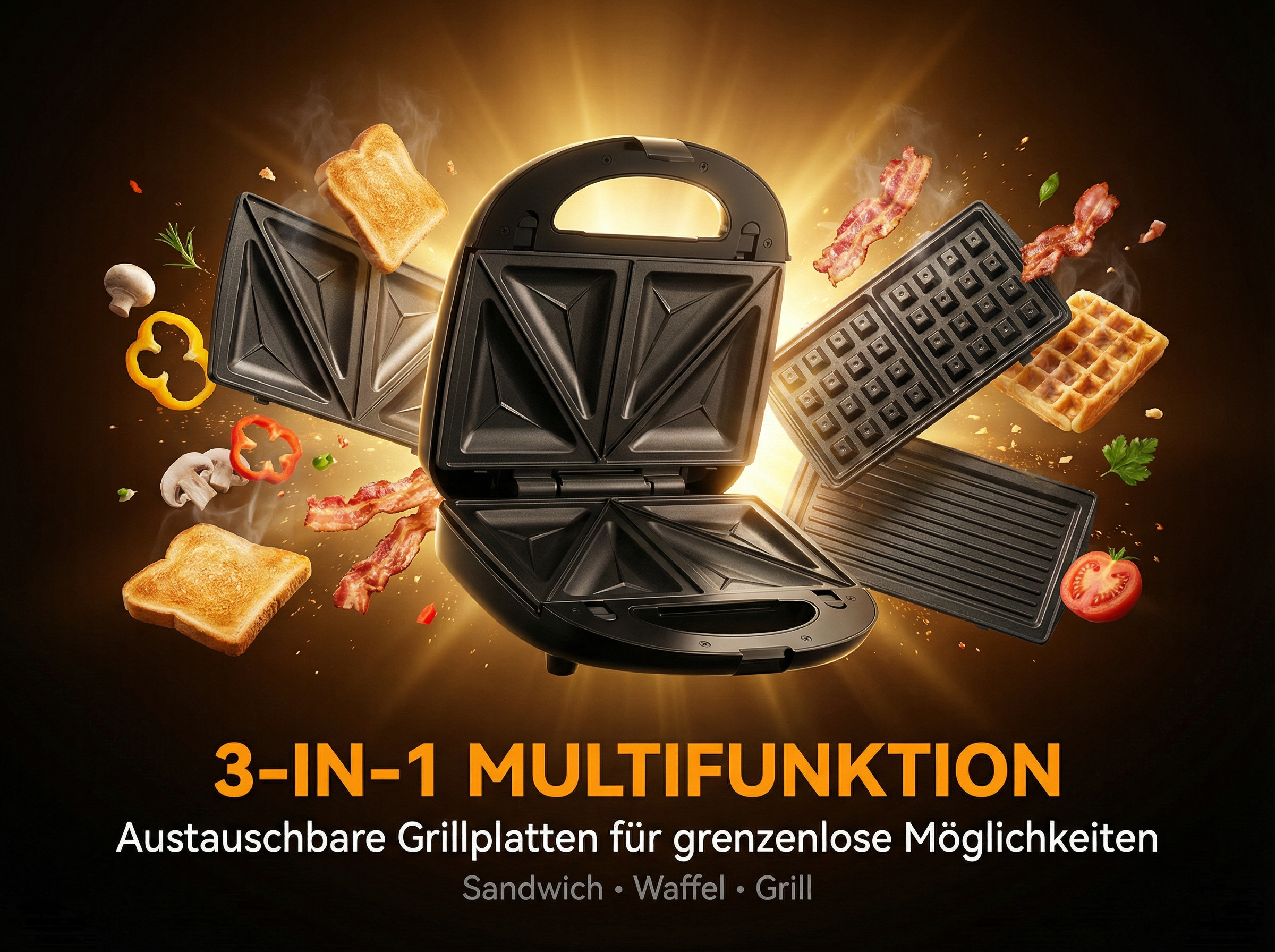 Ein offener Sandwichmaker mit Toast, Speck, Waffeln und Gemüse.