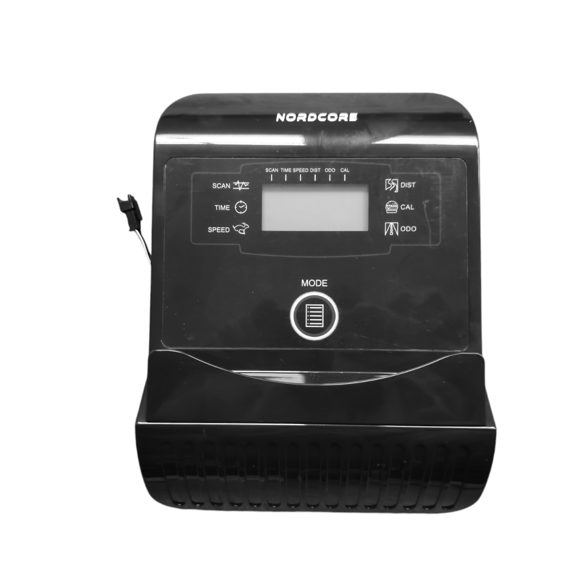 Czarna konsola Nordcore z przyciskami: skanuj, czas, dystans, kalorie, prędkość.