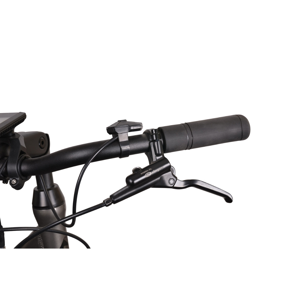 Zbliżenie kierownicy roweru z chwytem, dźwignią hamulca i kontrolką.