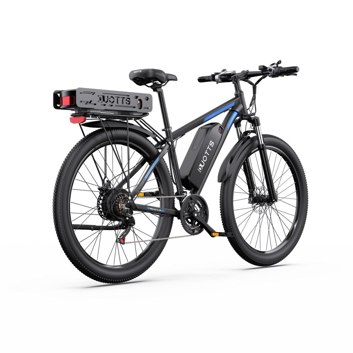 Schwarzes E-Mountainbike mit abnehmbarem Akku am Rahmen.
