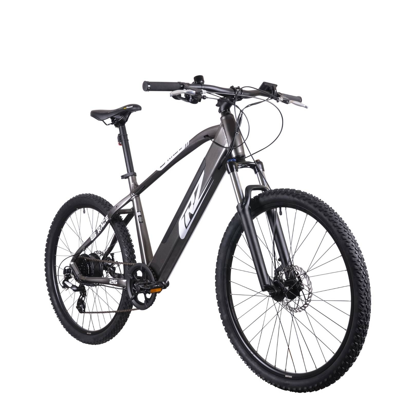 Szary rower górski z czarnymi oponami i felgami, białym logo na ramie.