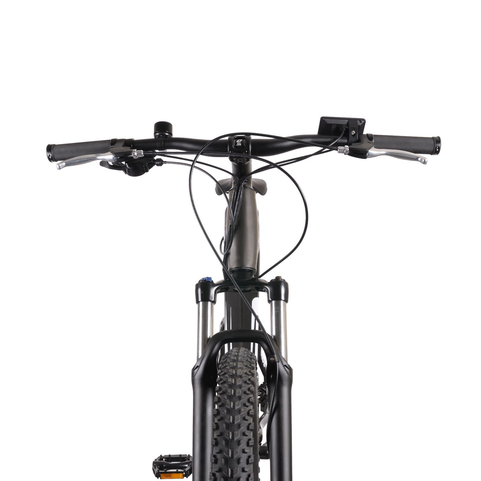 Widok z przodu ciemnego roweru: kierownica, widelec i opona.