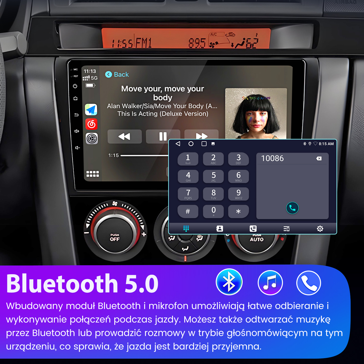 Zdjęcie przedstawia radio samochodowe odtwarzające muzykę z klawiaturą numeryczną.