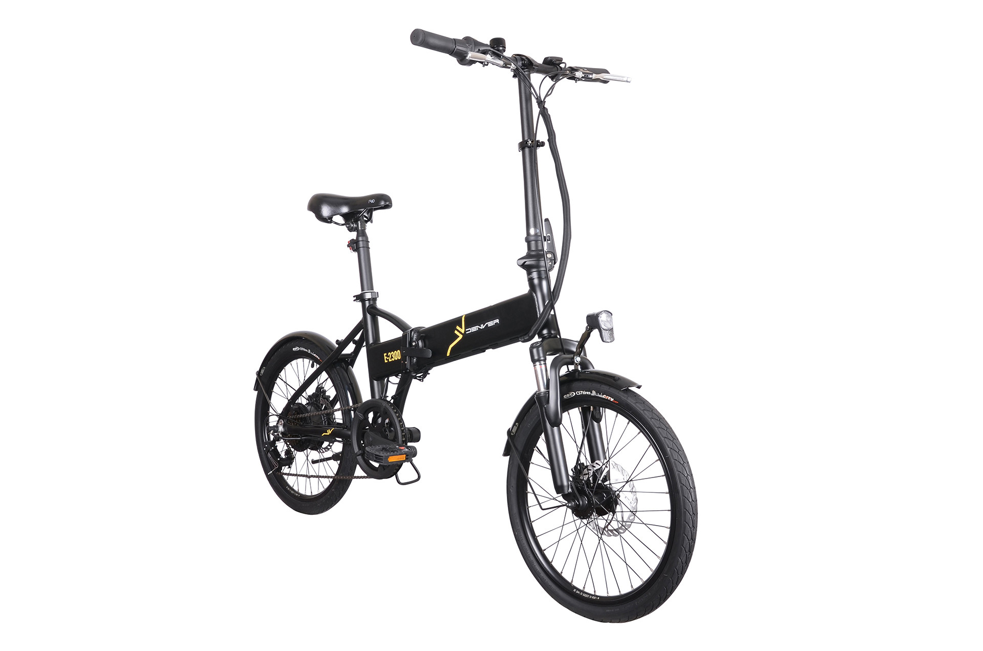 Czarny składany rower elektryczny z żółtym logo na białym tle.