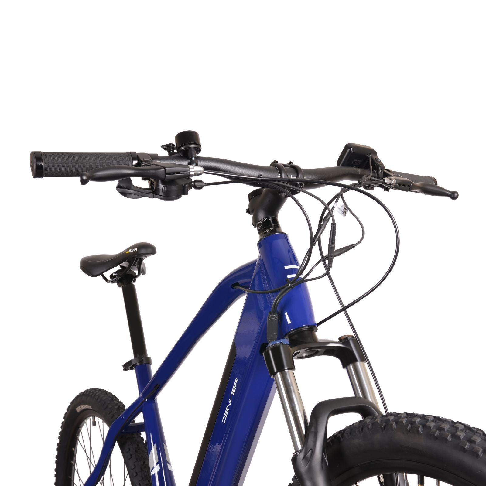 Niebieski rower elektryczny z czarnym siodełkiem i kierownicą.