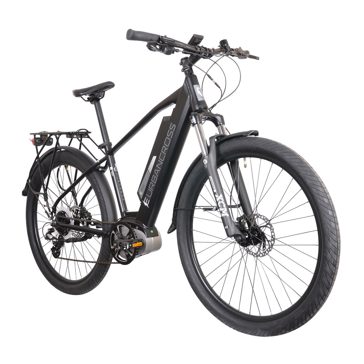 Czarny rower elektryczny z bagażnikiem, błotnikami i amortyzatorem.