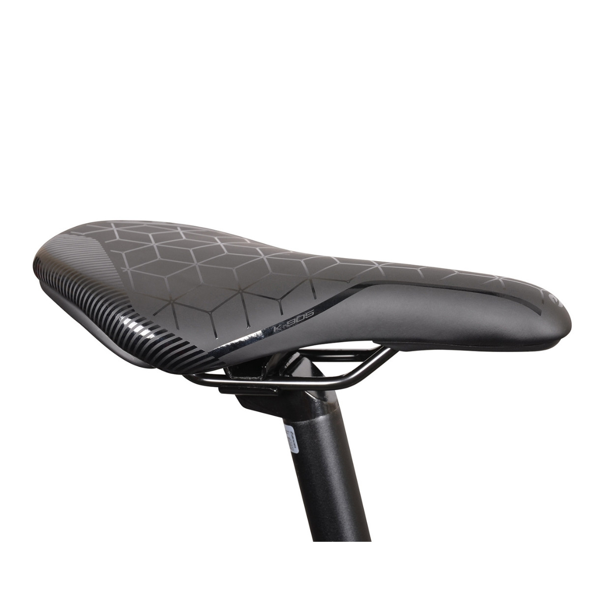 Czarno-srebrne siodełko rowerowe z geometrycznym wzorem.