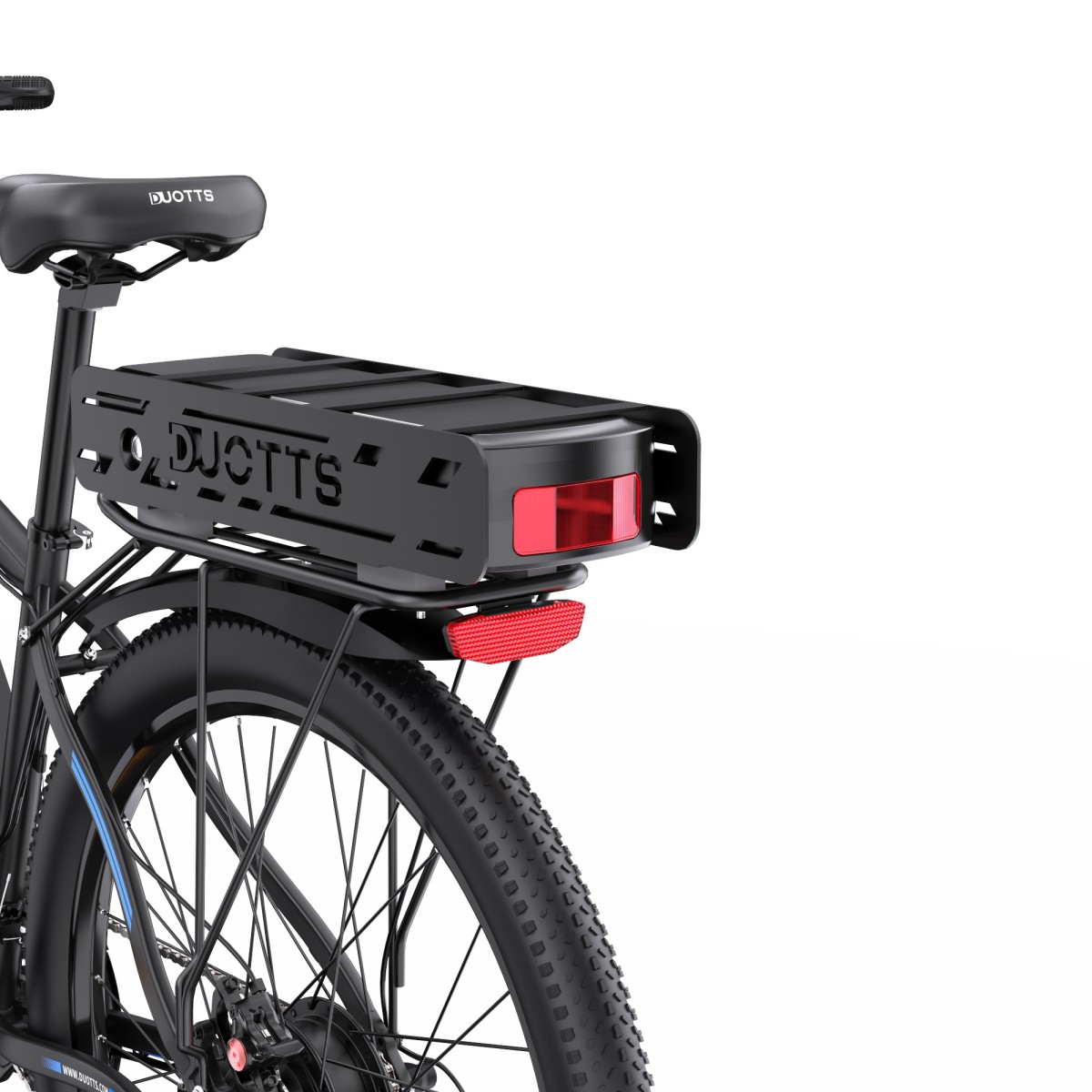 Schwarz Fahrradbatteriegehäuse und Rücklicht auf weißem Hintergrund.