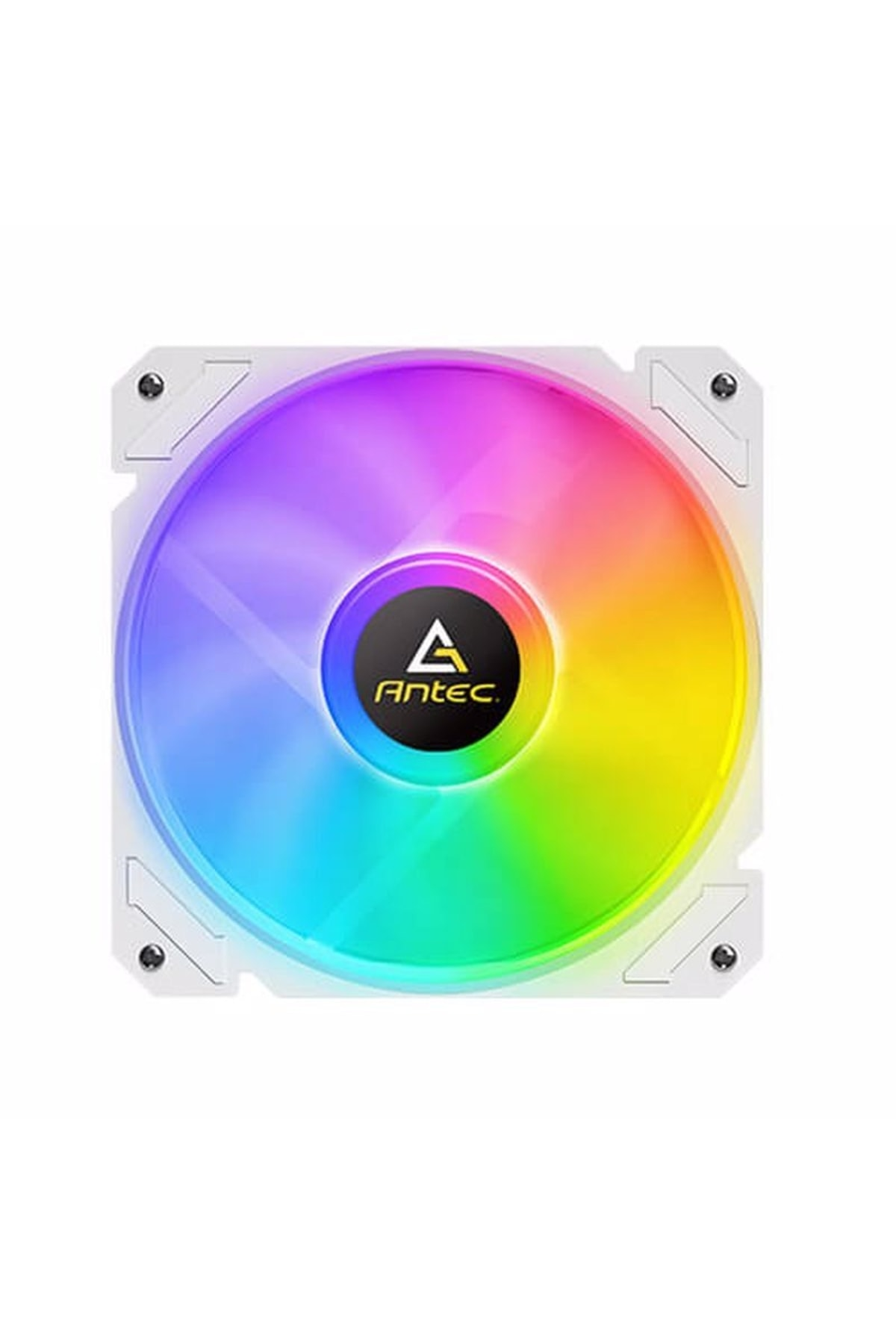 Una ventola PC bianca con illuminazione RGB che brilla sui bordi.